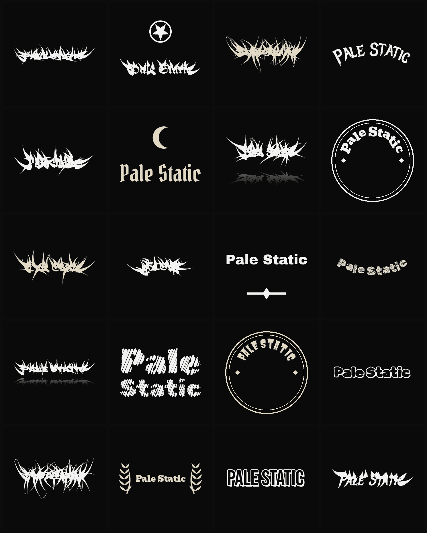 Twenty Pale Static band logo ideas — different faces, treatments and spike settings