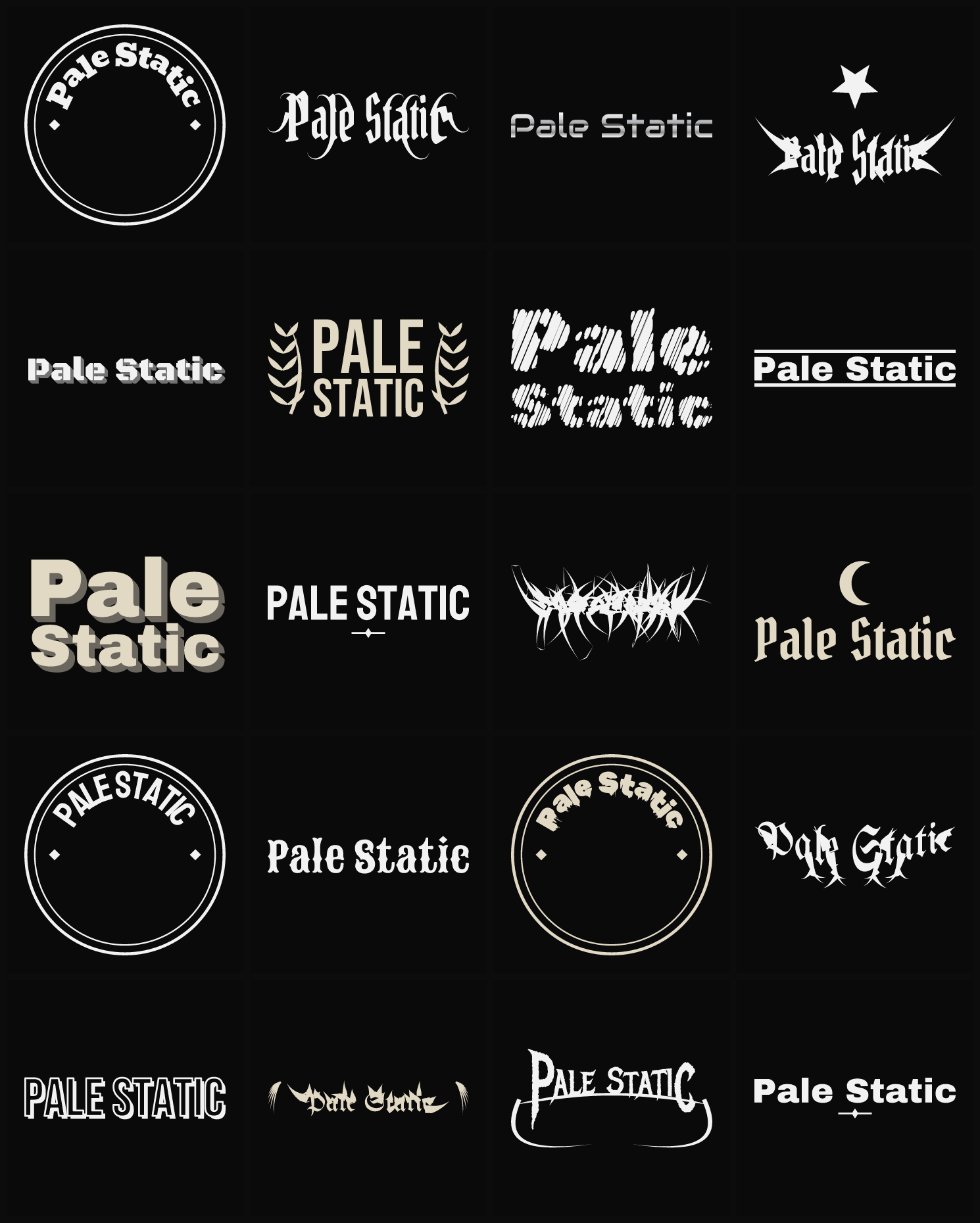 Twenty Pale Static band logo ideas — different faces, treatments and spike settings