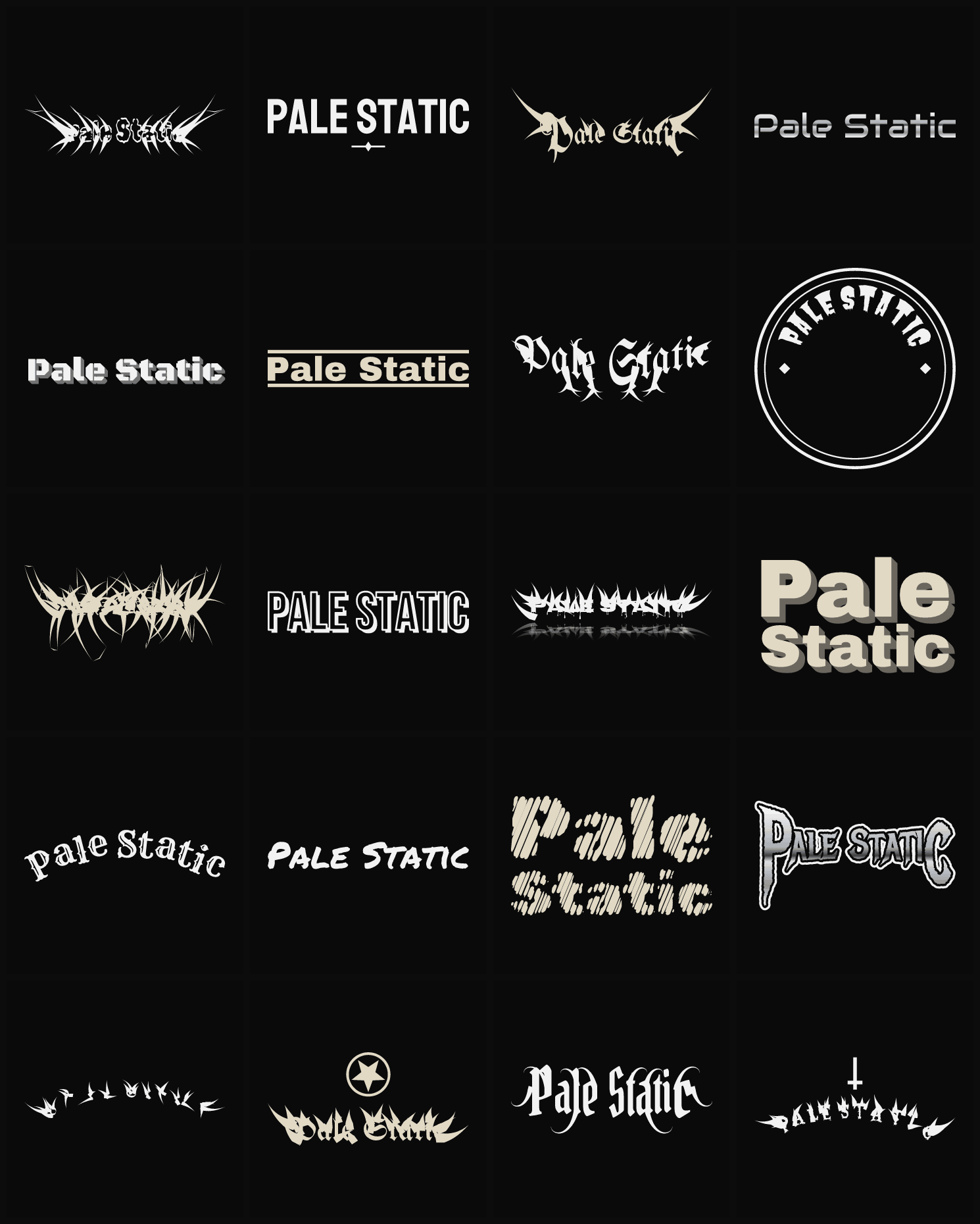 Twenty Pale Static band logo ideas — different faces, treatments and spike settings