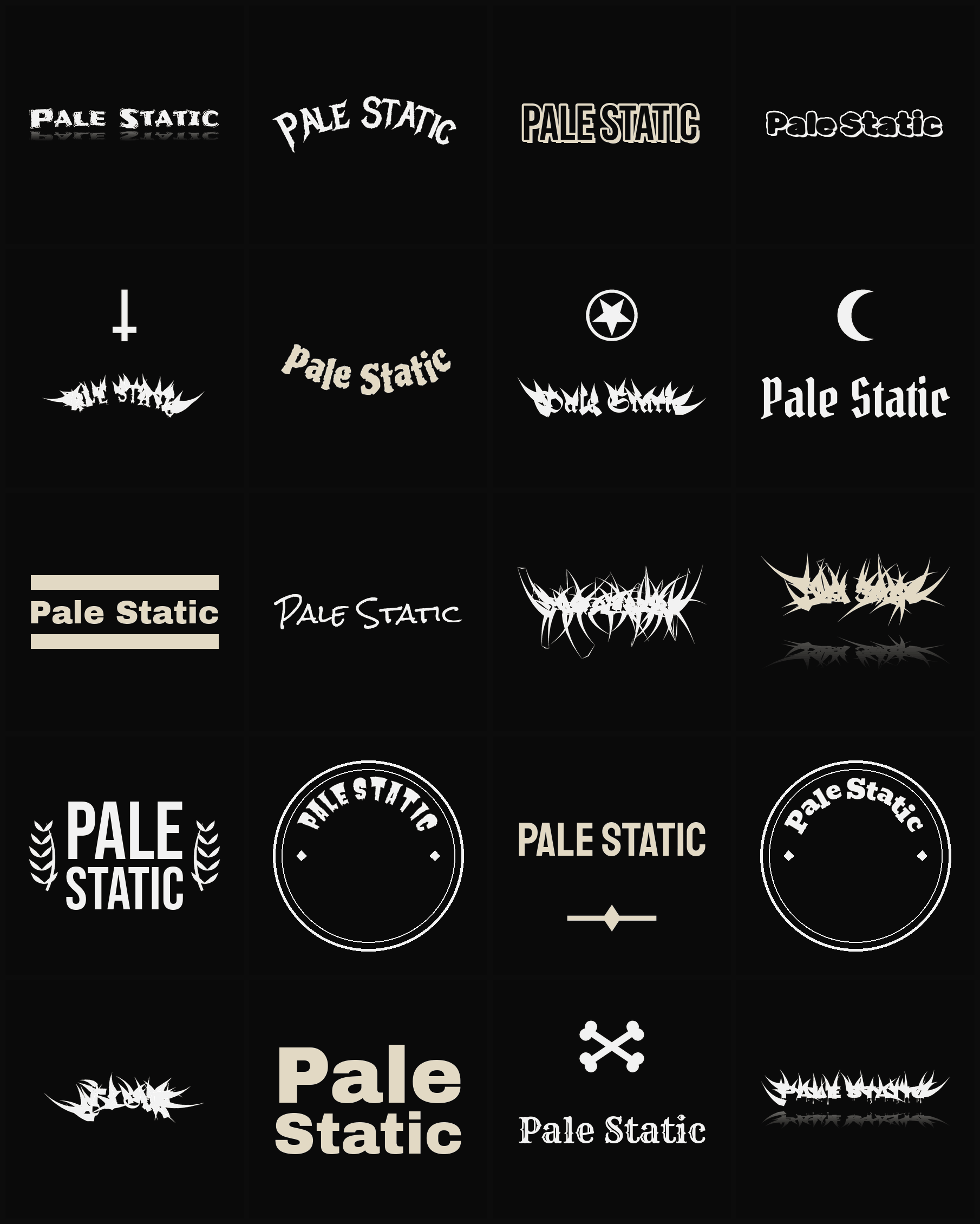 Twenty Pale Static band logo ideas — different faces, treatments and spike settings
