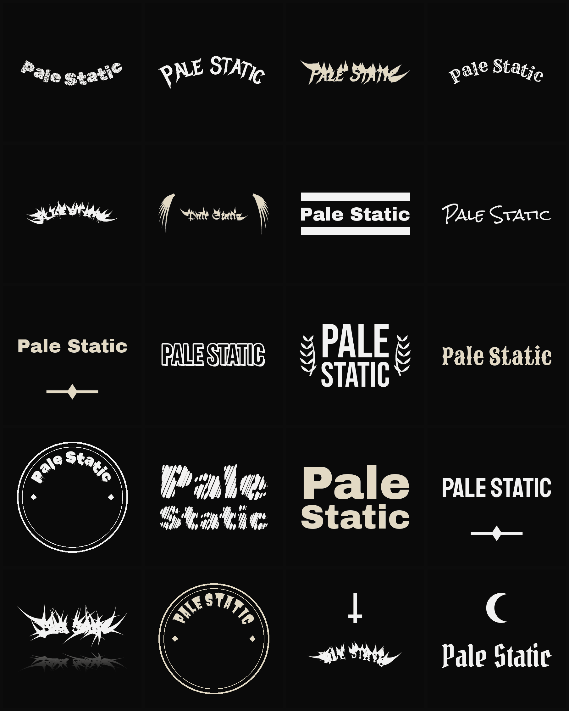 Twenty Pale Static band logo ideas — different faces, treatments and spike settings