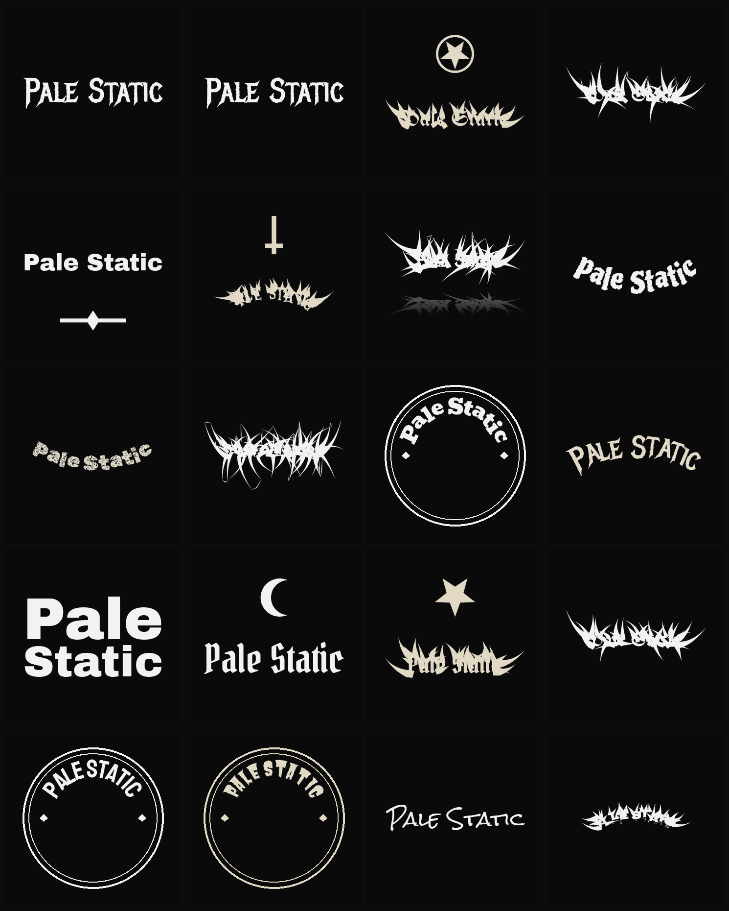 Twenty Pale Static band logo ideas — different faces, treatments and spike settings