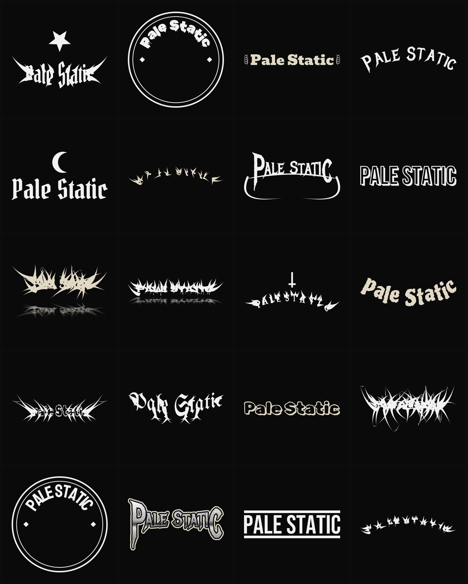 Twenty Pale Static band logo ideas — different faces, treatments and spike settings