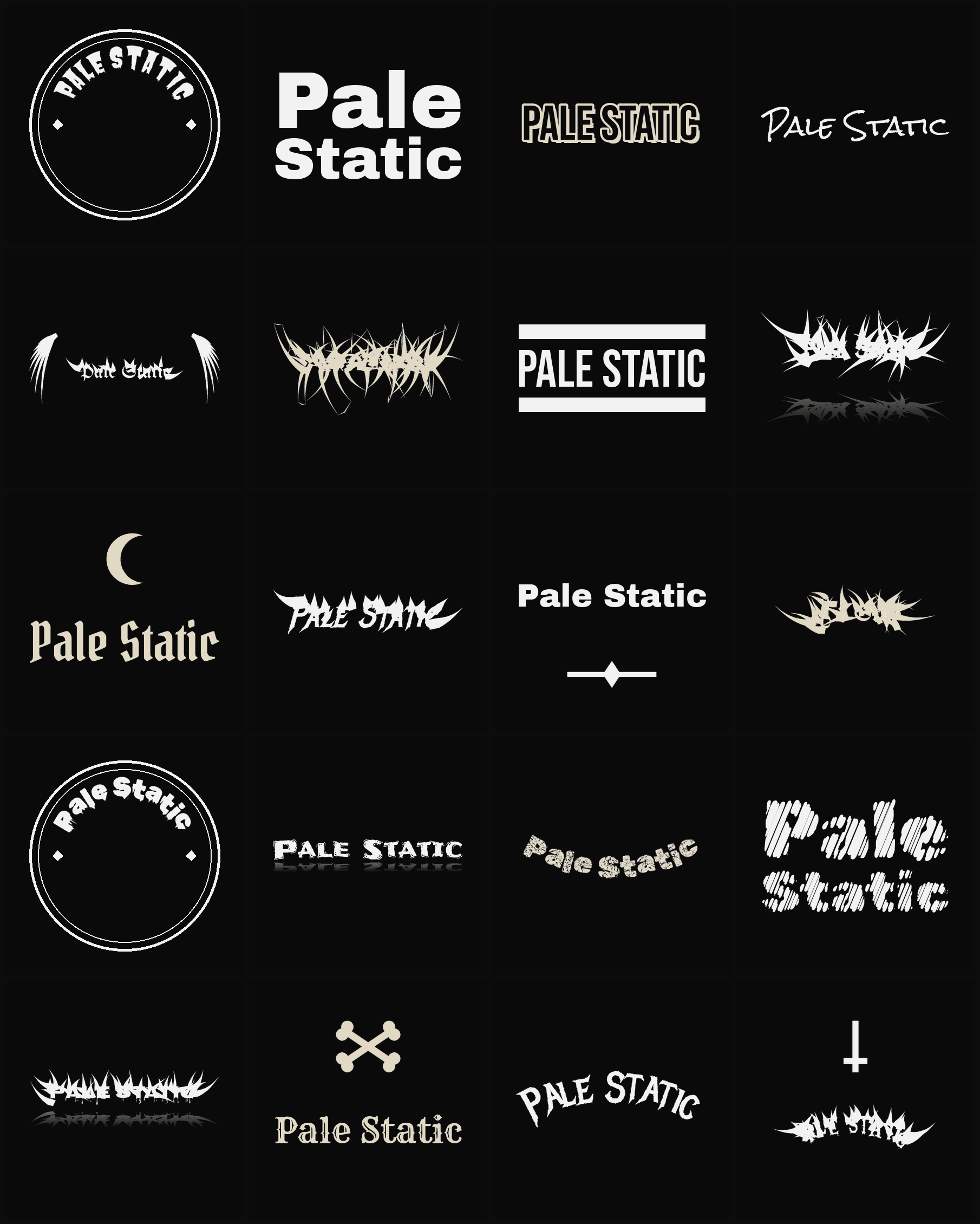 Twenty Pale Static band logo ideas — different faces, treatments and spike settings