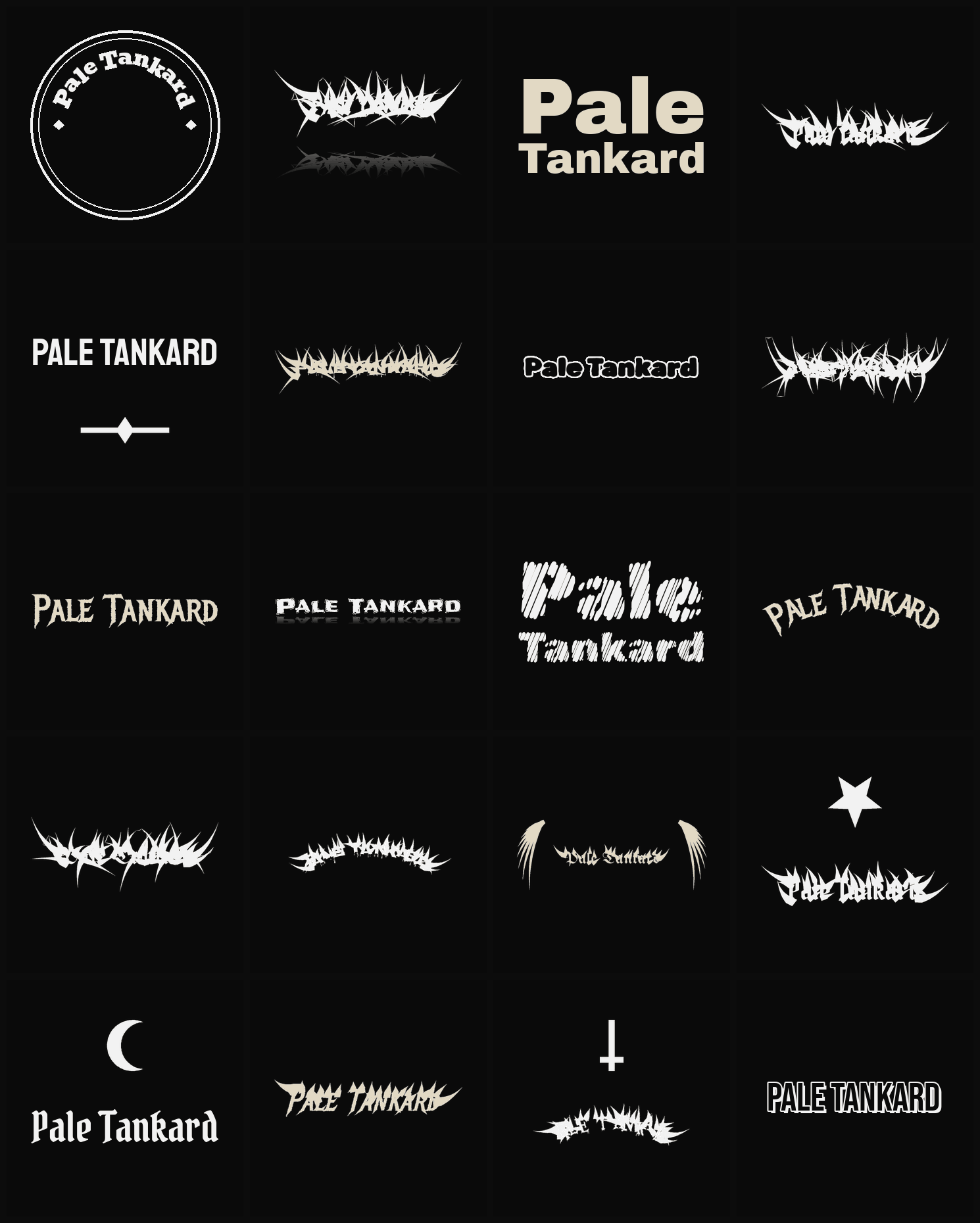 Twenty Pale Tankard band logo ideas — different faces, treatments and spike settings