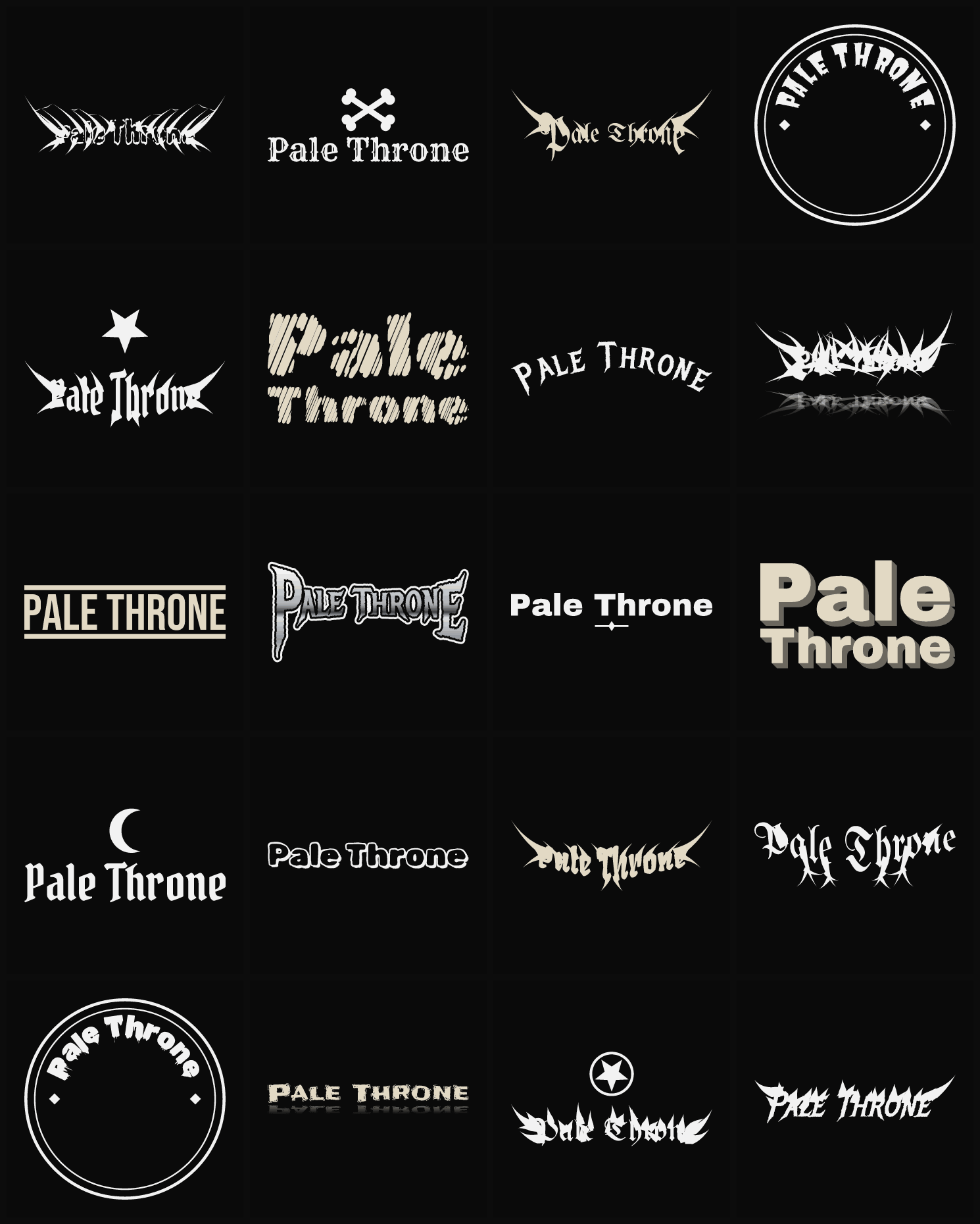 Twenty Pale Throne band logo ideas — different faces, treatments and spike settings