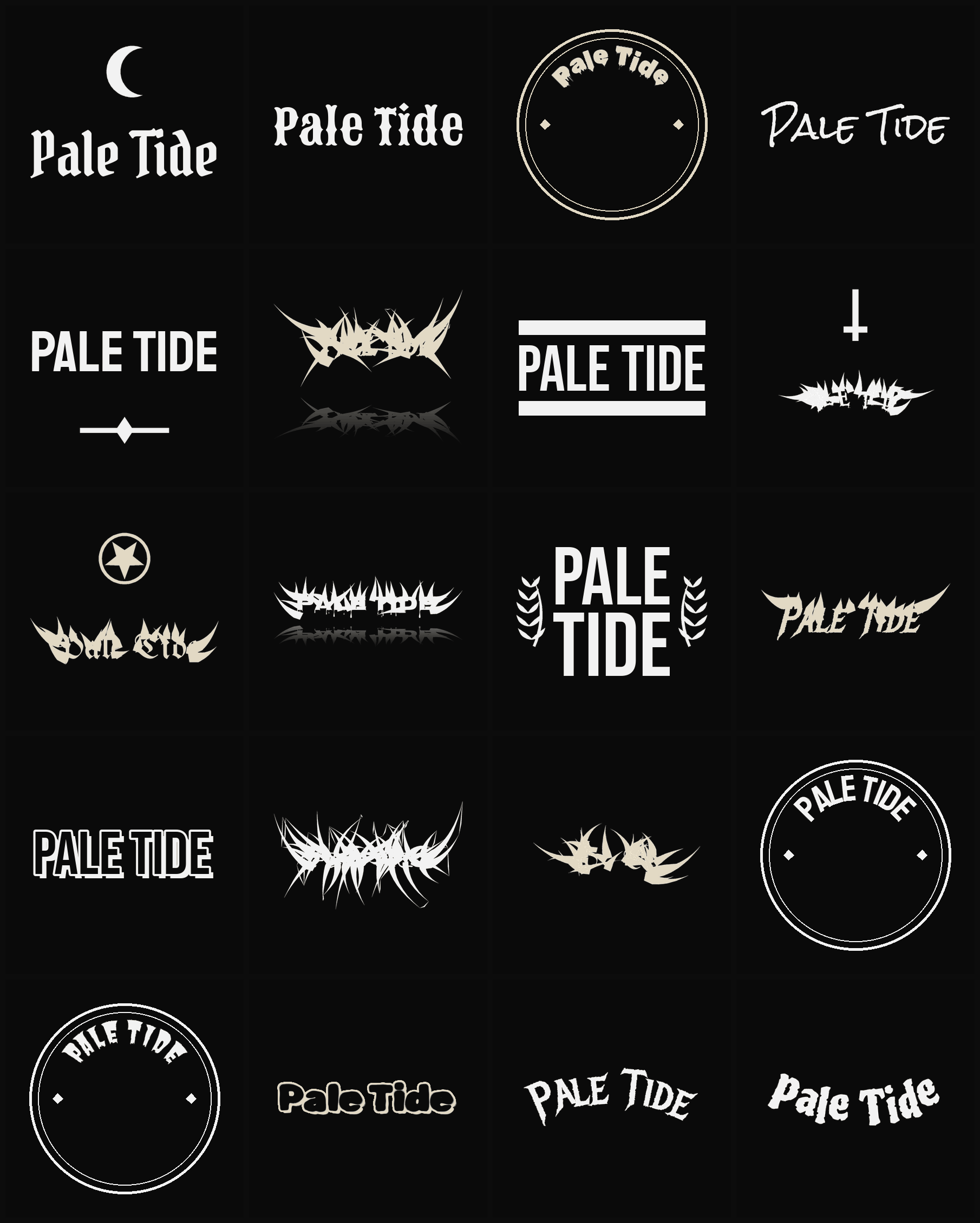 Twenty Pale Tide band logo ideas — different faces, treatments and spike settings