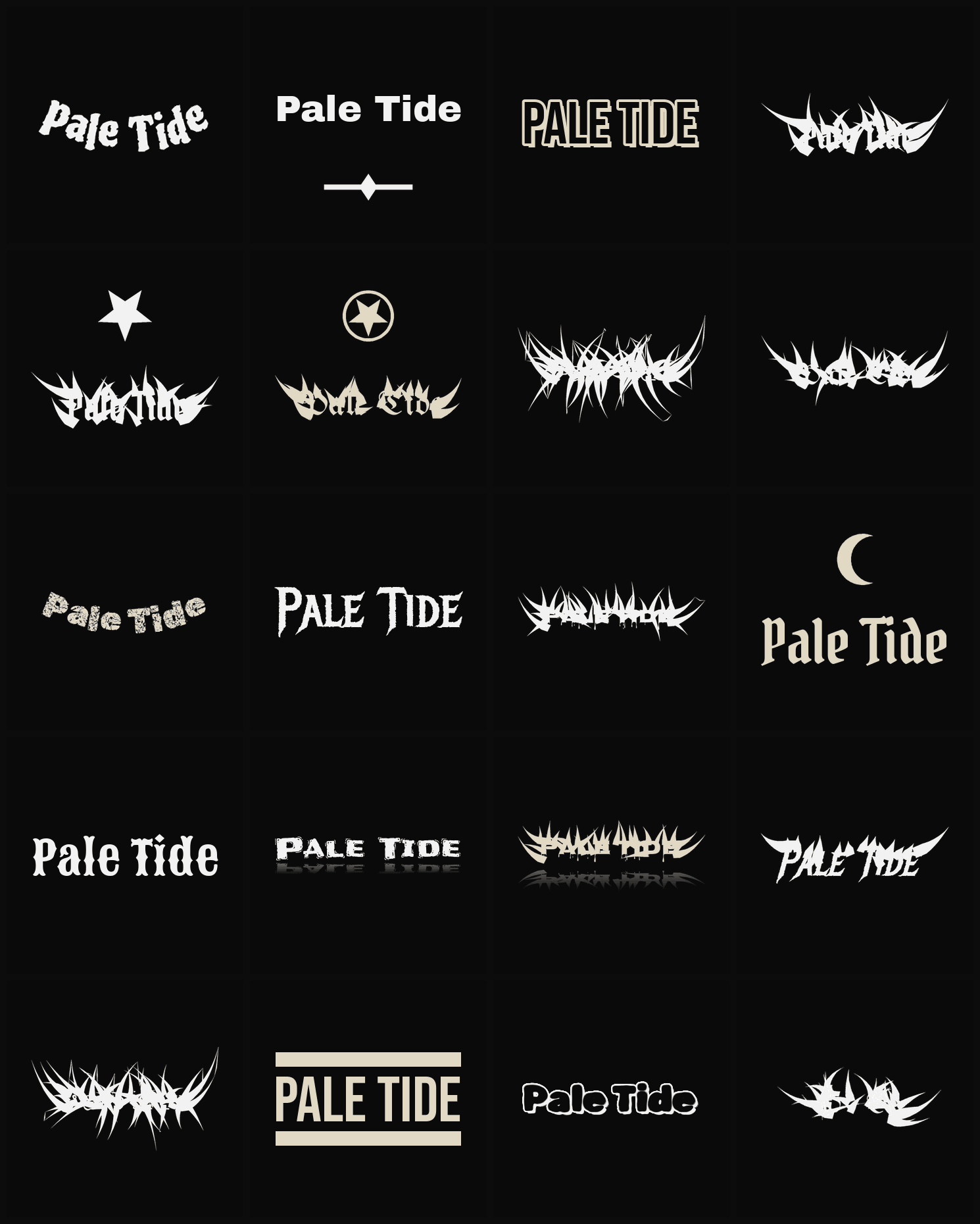 Twenty Pale Tide band logo ideas — different faces, treatments and spike settings