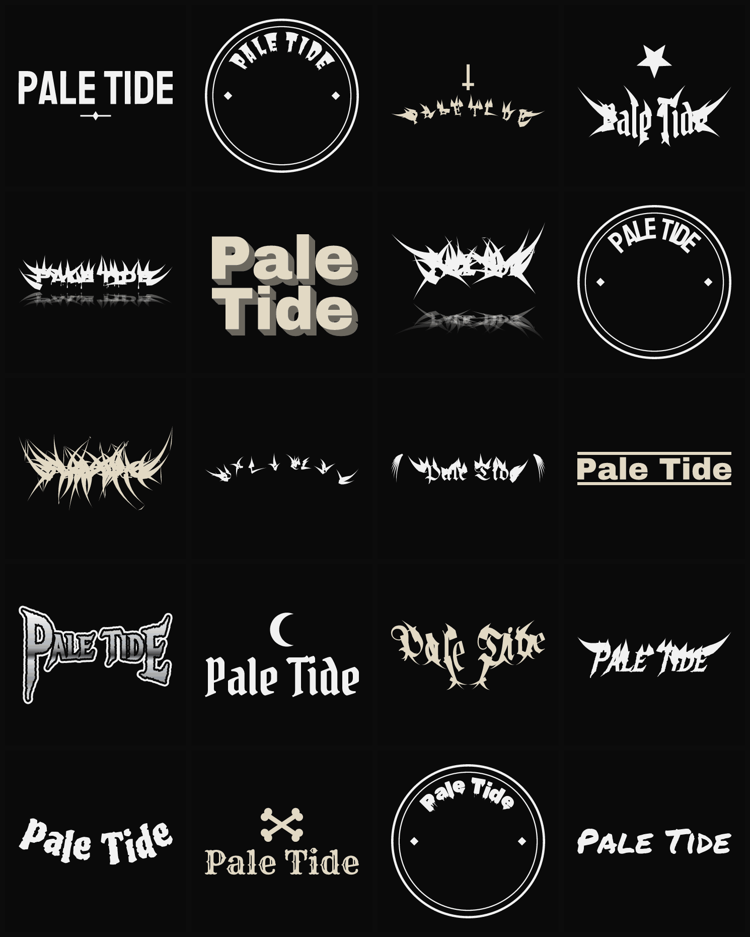 Twenty Pale Tide band logo ideas — different faces, treatments and spike settings
