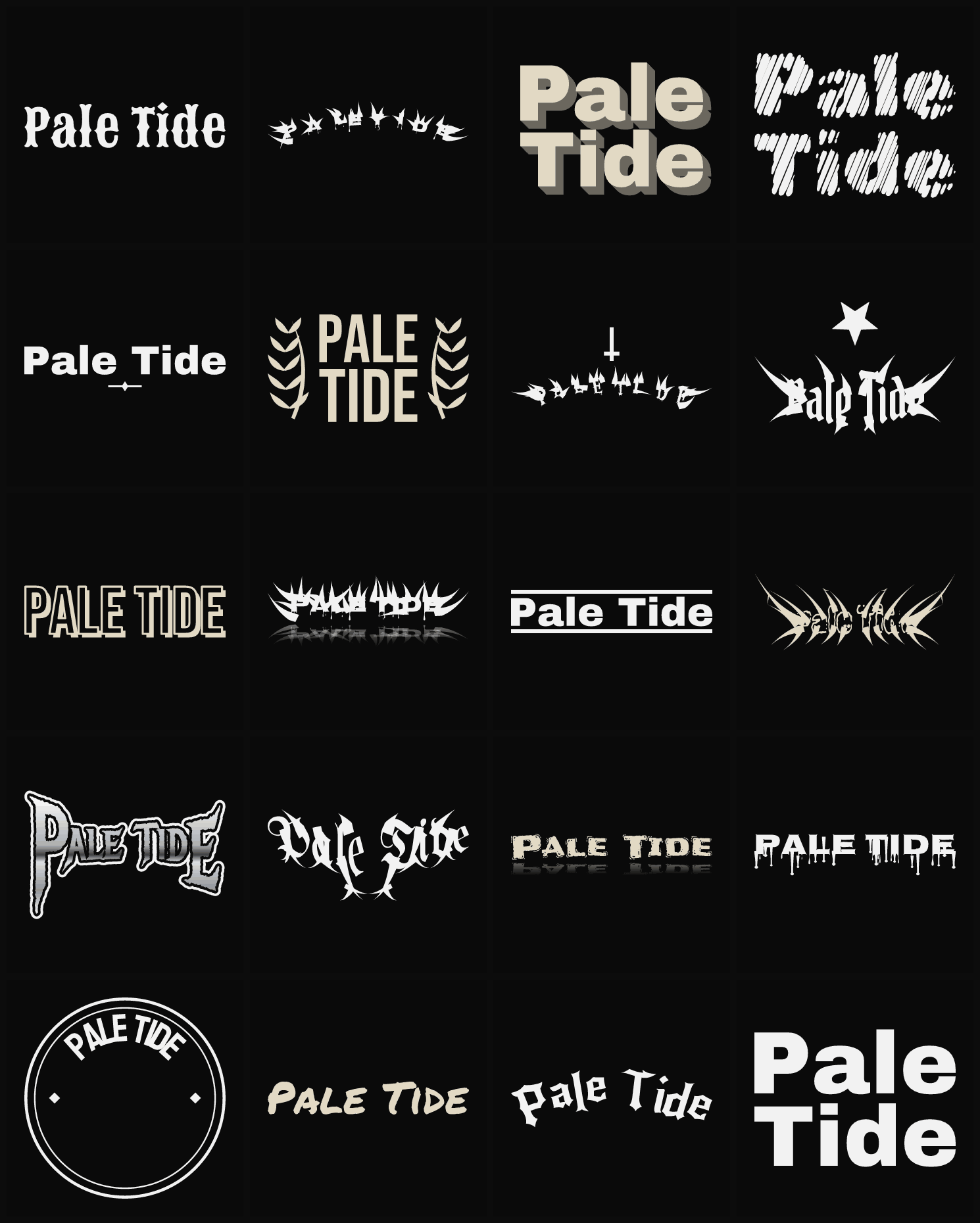 Twenty Pale Tide band logo ideas — different faces, treatments and spike settings