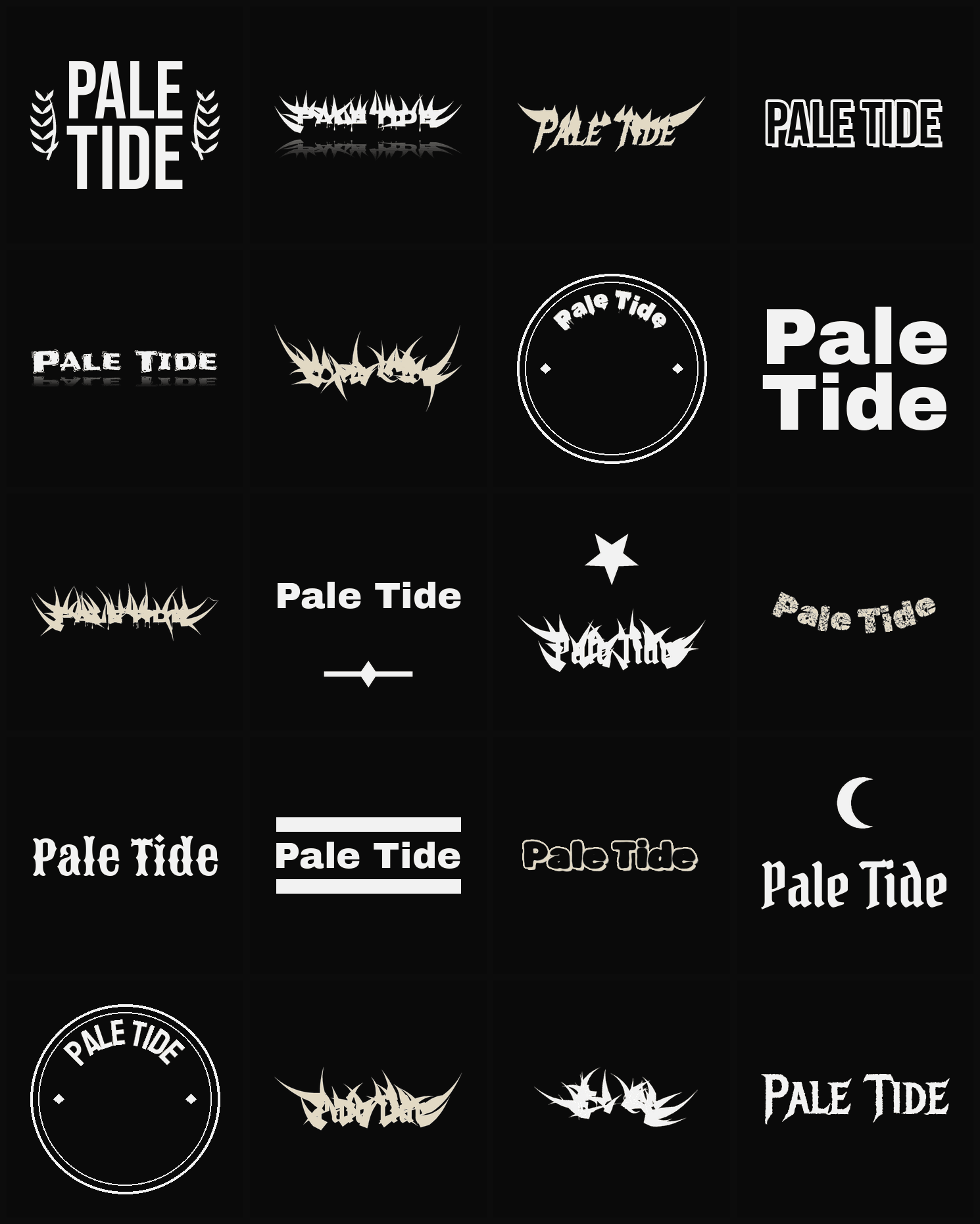 Twenty Pale Tide band logo ideas — different faces, treatments and spike settings