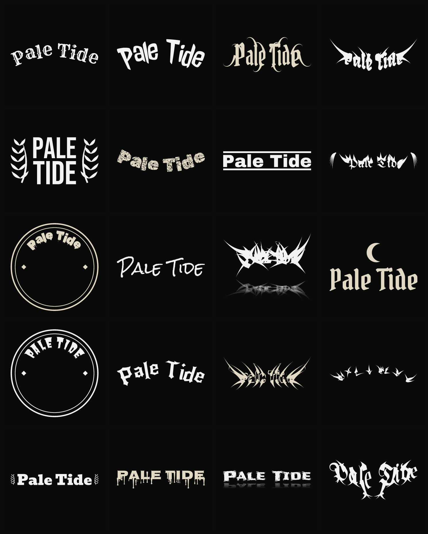 Twenty Pale Tide band logo ideas — different faces, treatments and spike settings