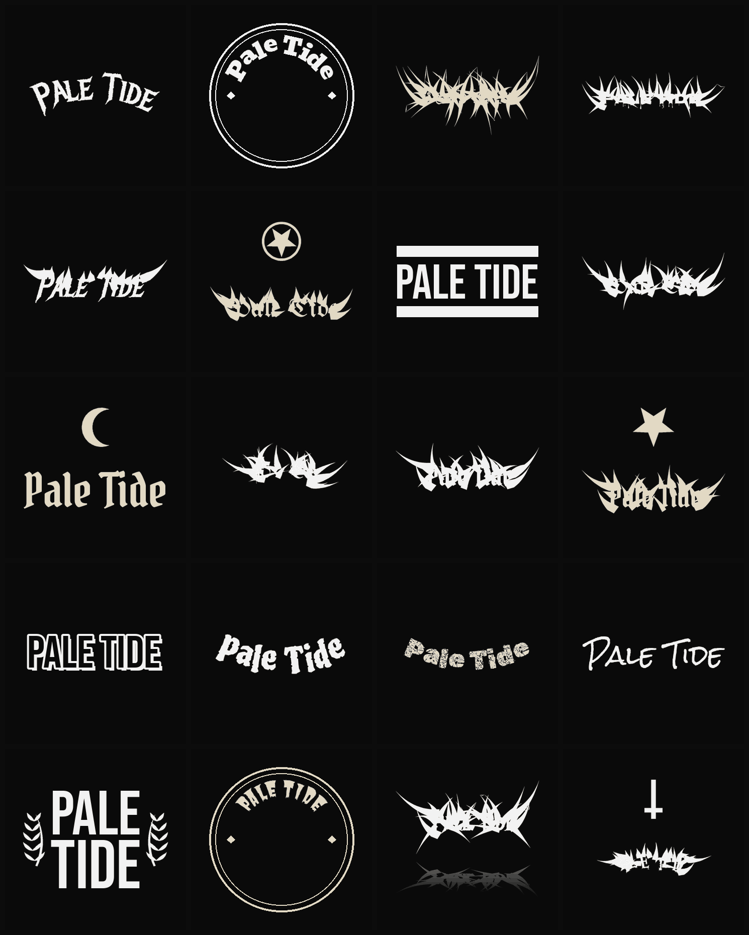 Twenty Pale Tide band logo ideas — different faces, treatments and spike settings