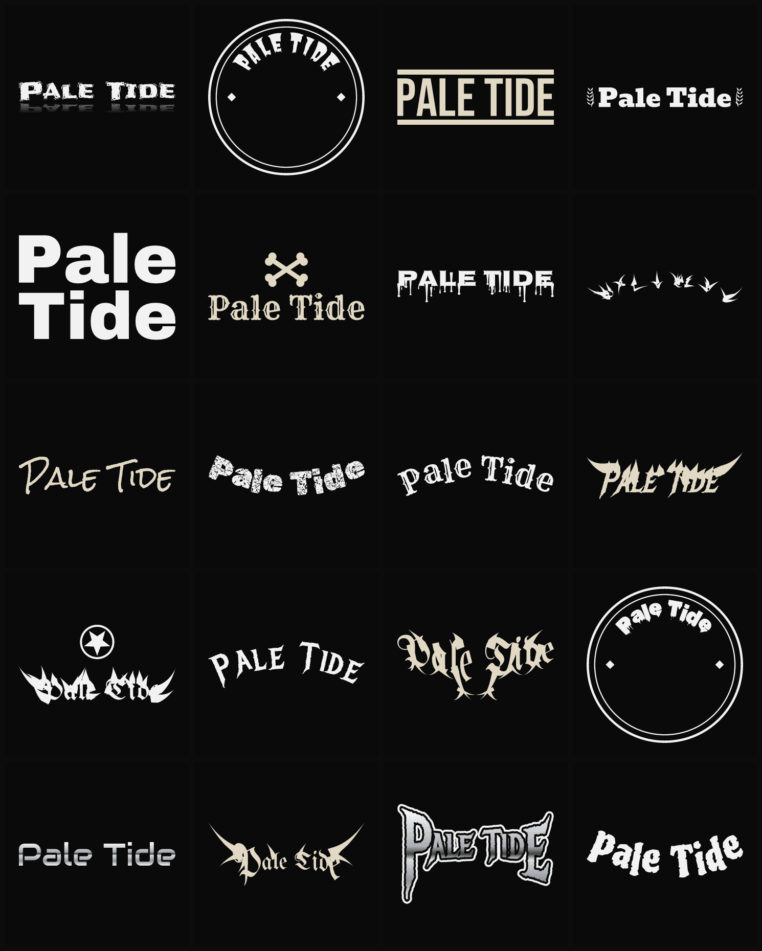 Twenty Pale Tide band logo ideas — different faces, treatments and spike settings