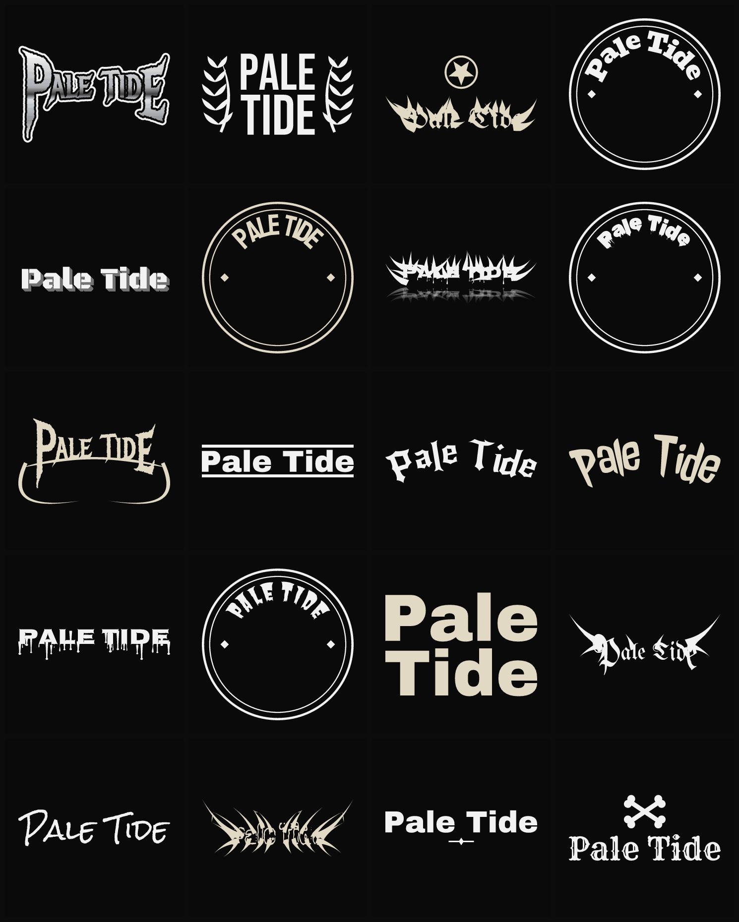 Twenty Pale Tide band logo ideas — different faces, treatments and spike settings