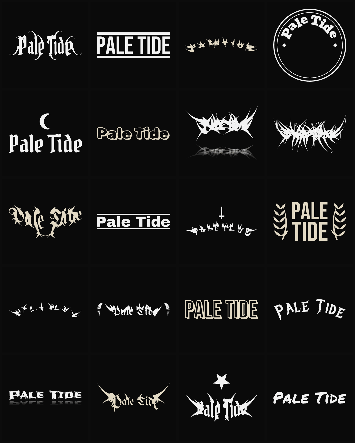 Twenty Pale Tide band logo ideas — different faces, treatments and spike settings