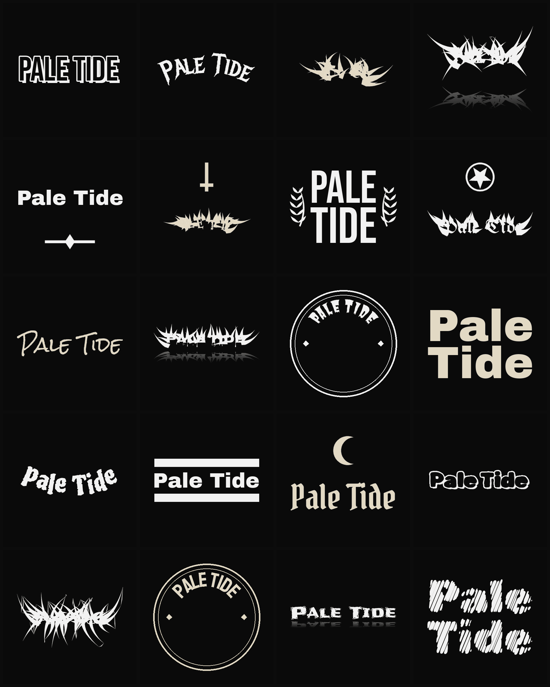 Twenty Pale Tide band logo ideas — different faces, treatments and spike settings