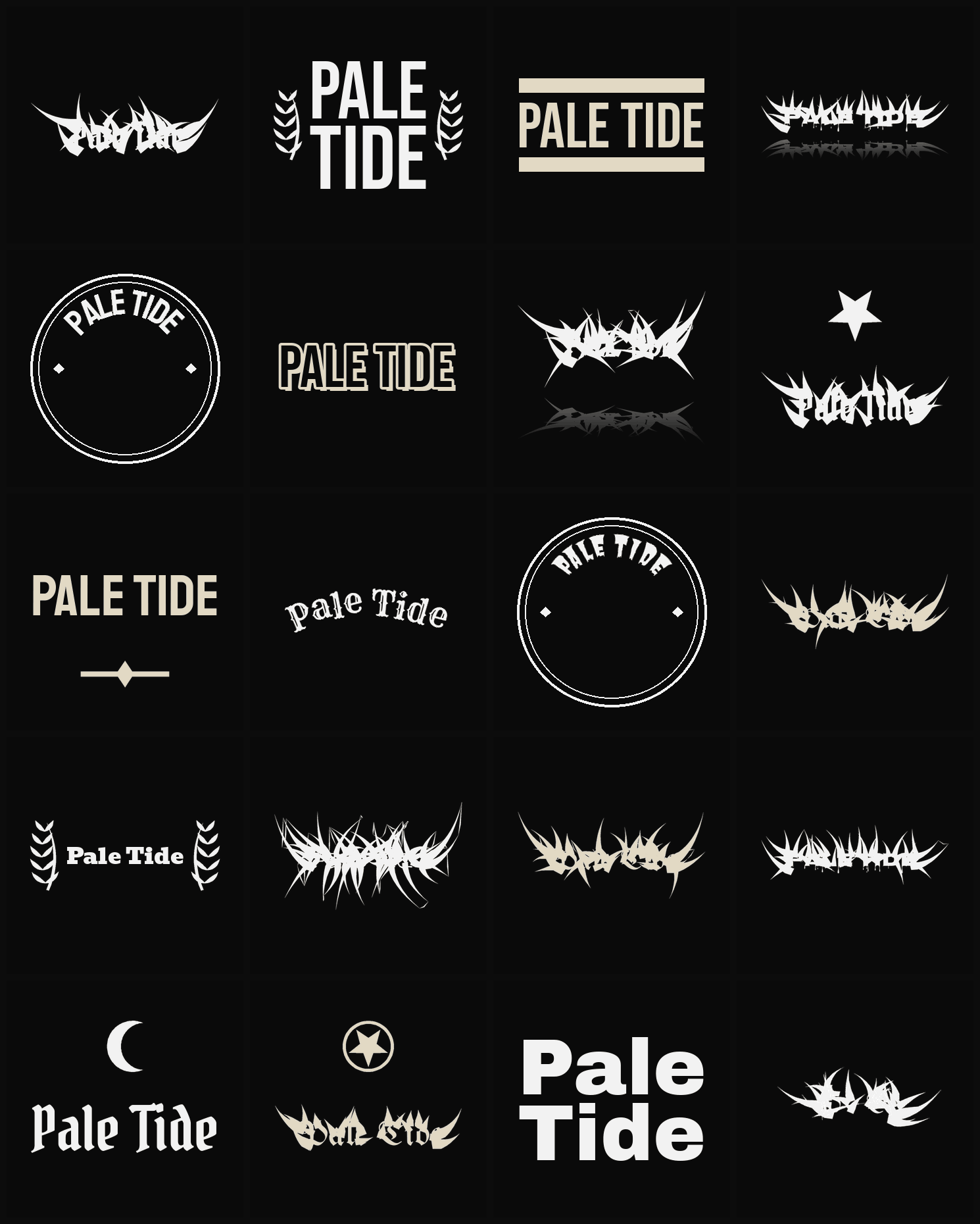 Twenty Pale Tide band logo ideas — different faces, treatments and spike settings