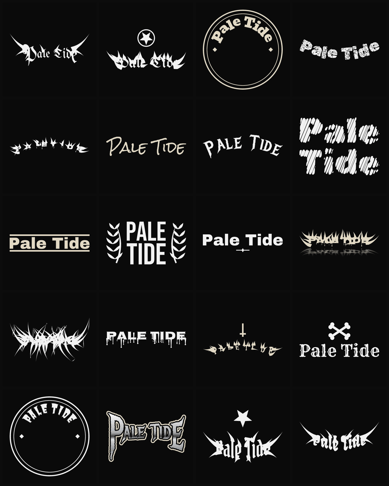 Twenty Pale Tide band logo ideas — different faces, treatments and spike settings