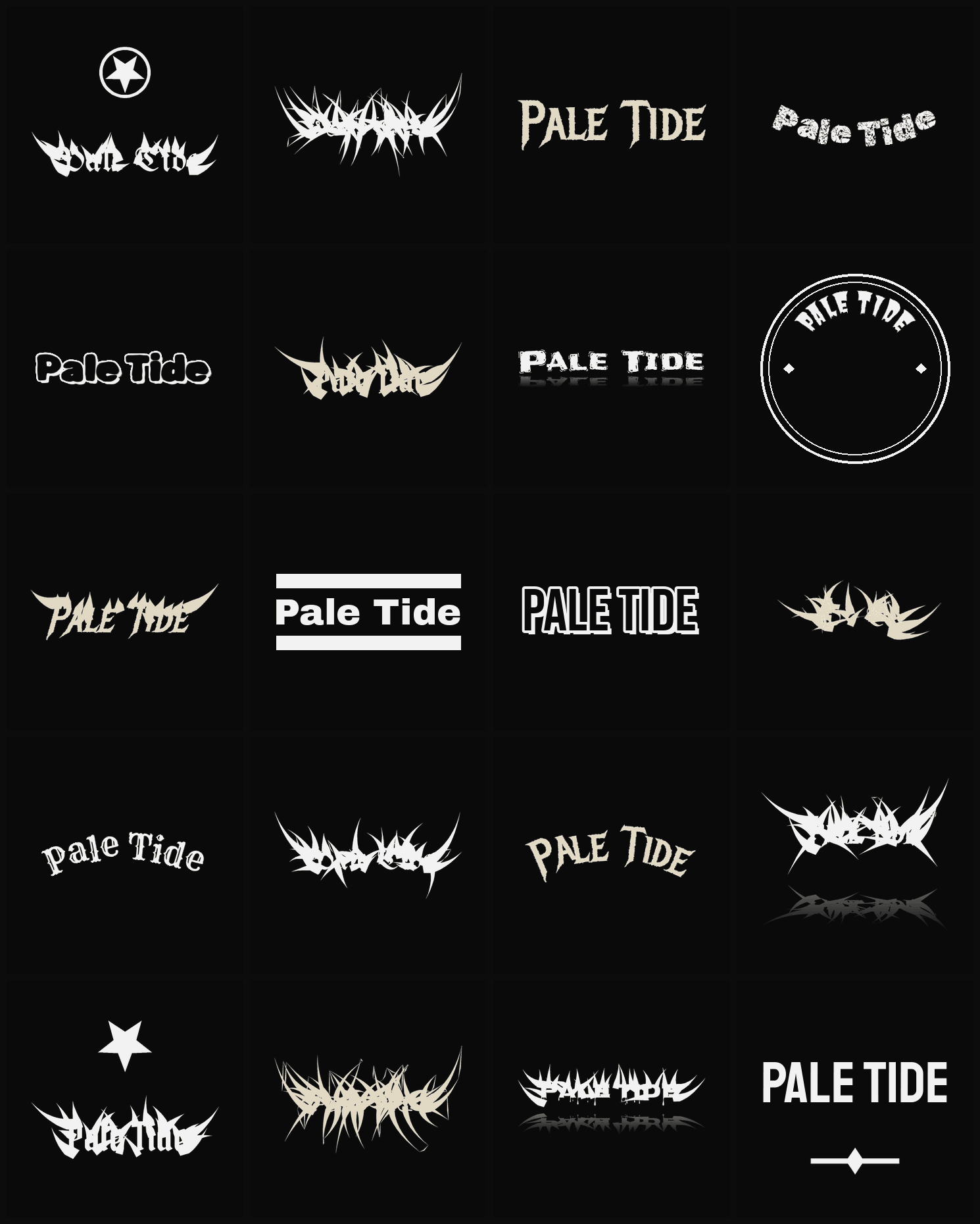 Twenty Pale Tide band logo ideas — different faces, treatments and spike settings