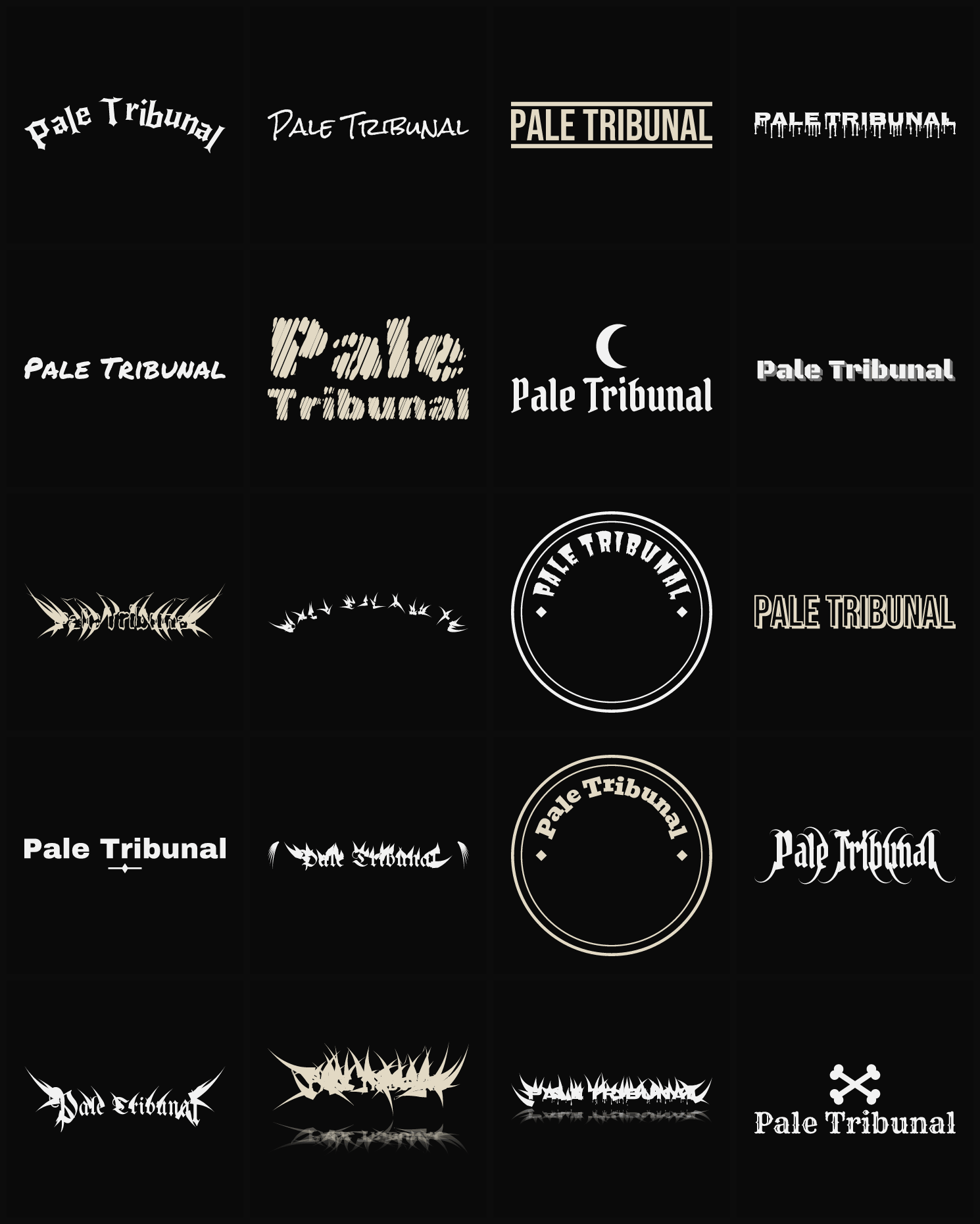 Twenty Pale Tribunal band logo ideas — different faces, treatments and spike settings
