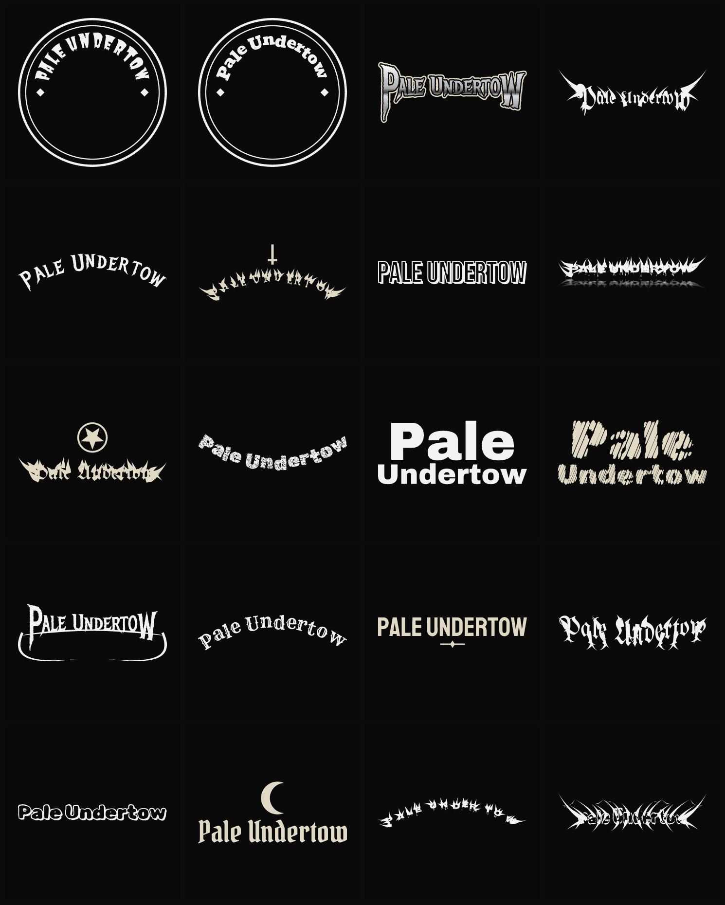 Twenty Pale Undertow band logo ideas — different faces, treatments and spike settings