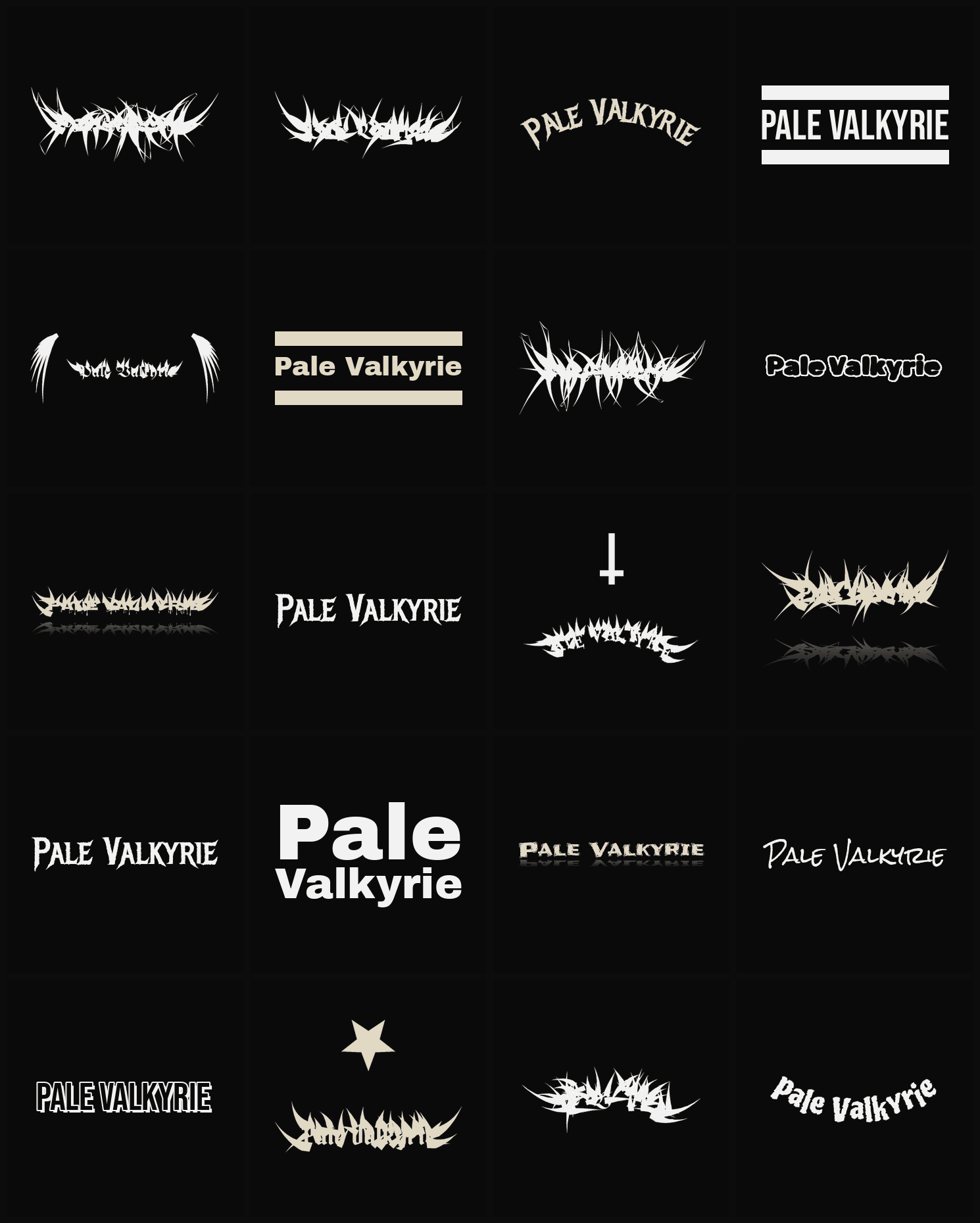 Twenty Pale Valkyrie band logo ideas — different faces, treatments and spike settings