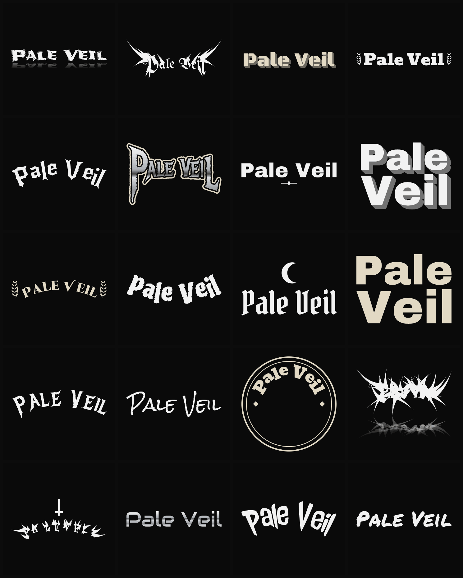 Twenty Pale Veil band logo ideas — different faces, treatments and spike settings