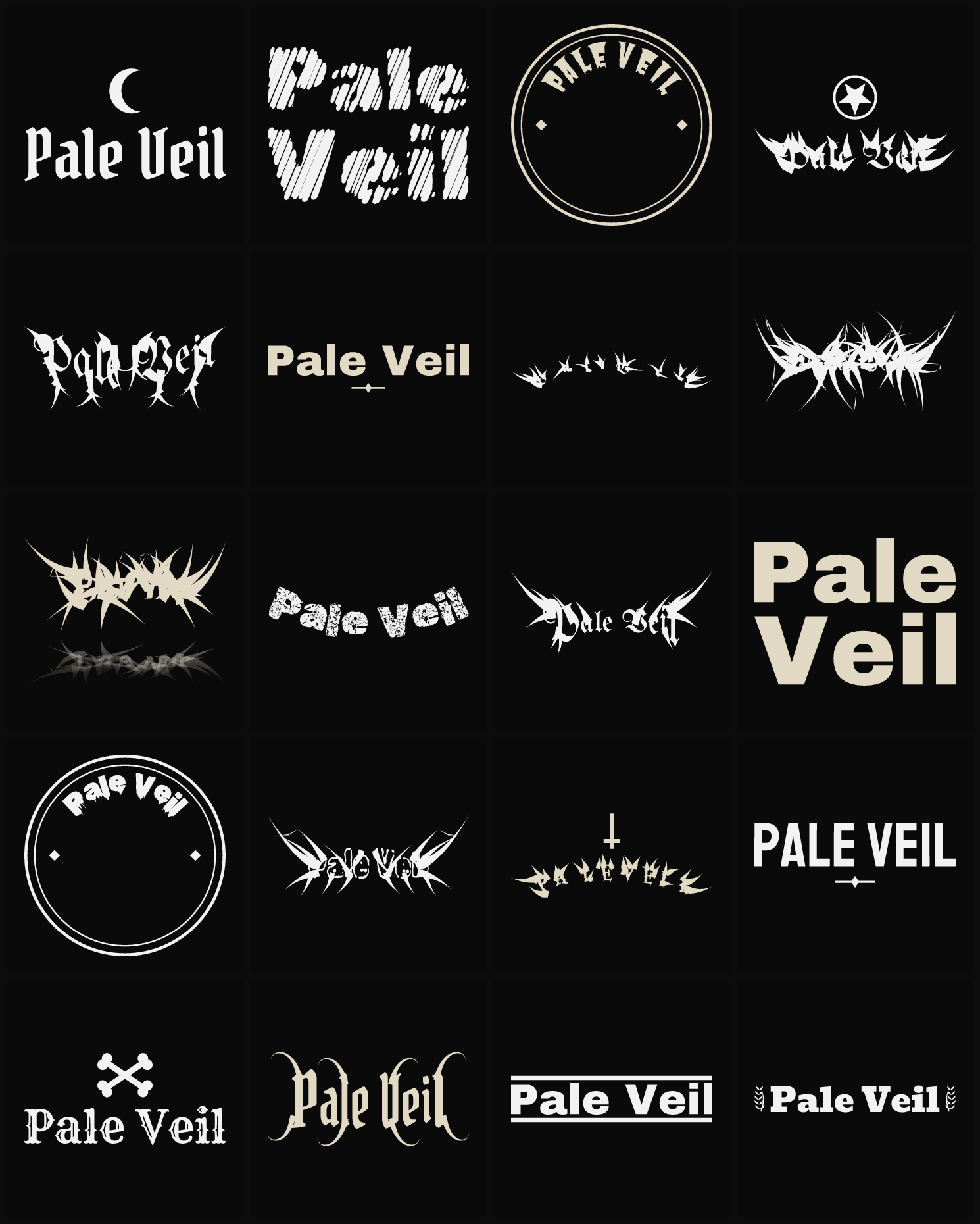 Twenty Pale Veil band logo ideas — different faces, treatments and spike settings