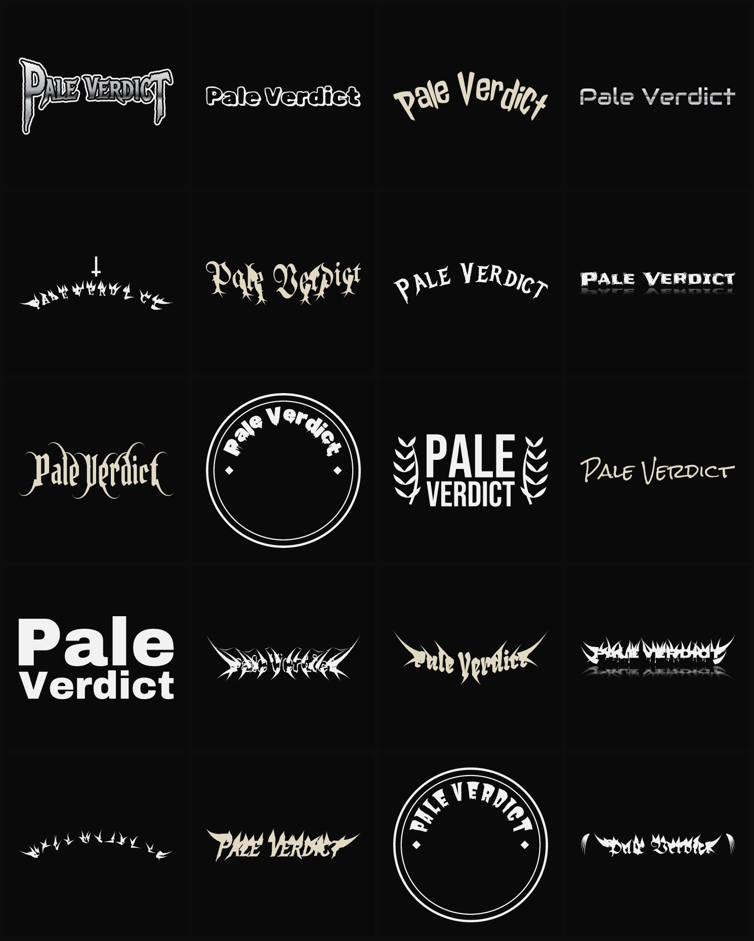 Twenty Pale Verdict band logo ideas — different faces, treatments and spike settings