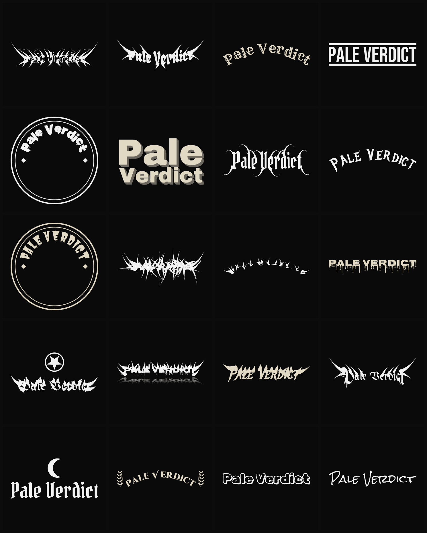 Twenty Pale Verdict band logo ideas — different faces, treatments and spike settings