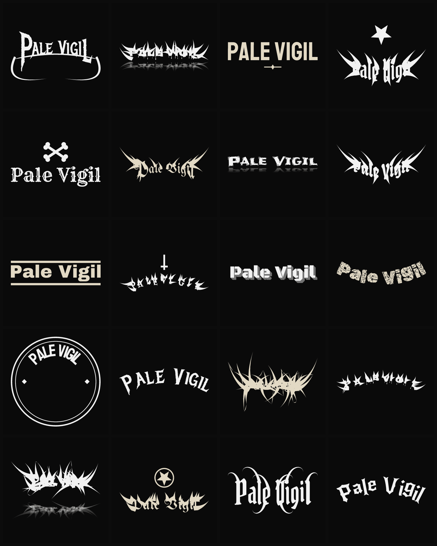 Twenty Pale Vigil band logo ideas — different faces, treatments and spike settings