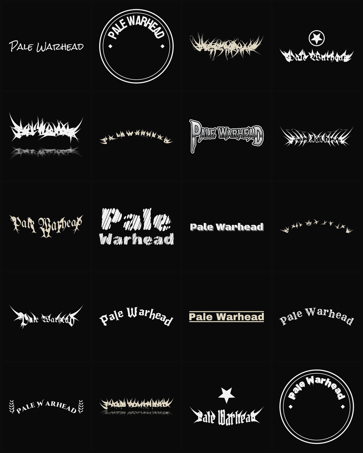 Twenty Pale Warhead band logo ideas — different faces, treatments and spike settings