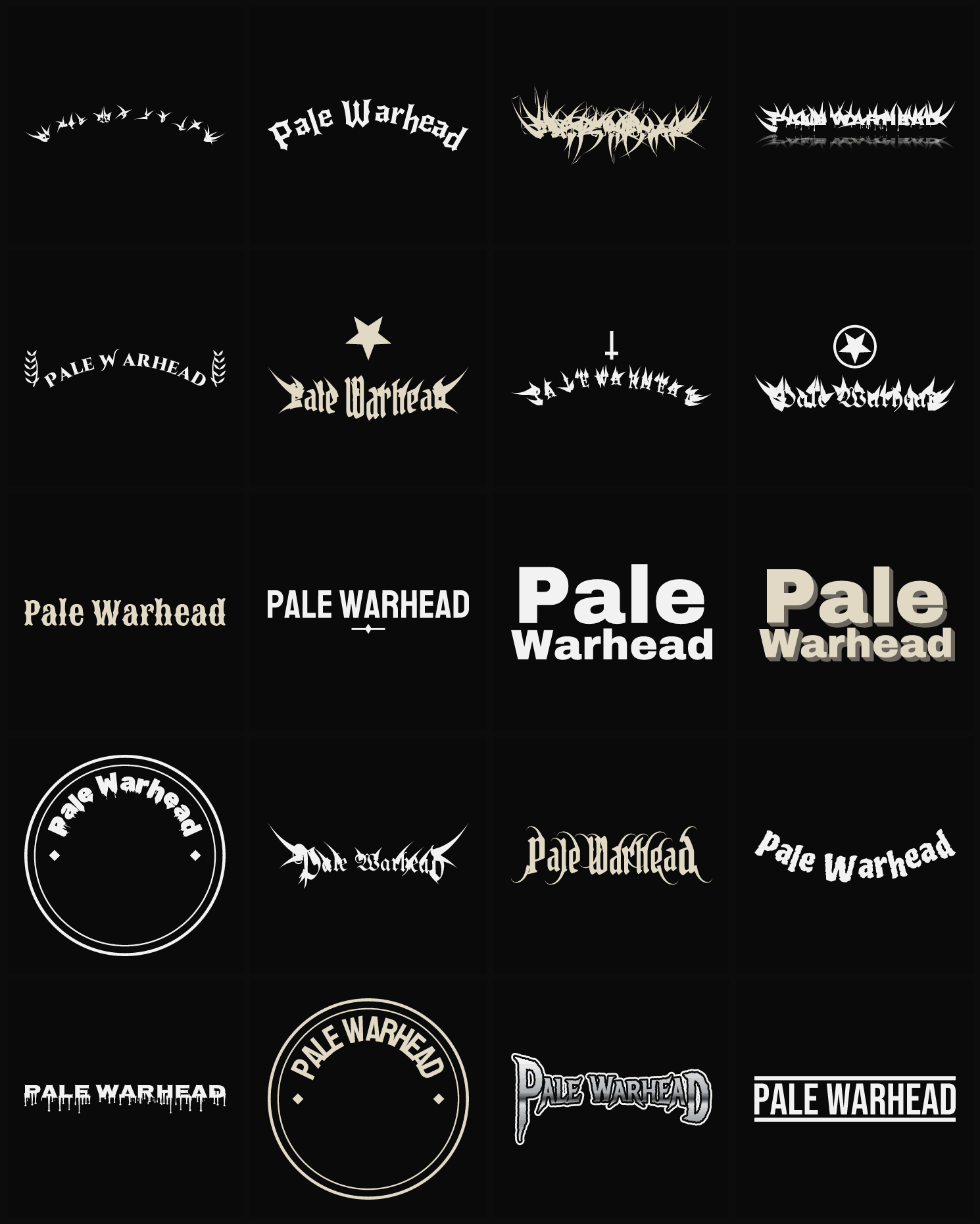 Twenty Pale Warhead band logo ideas — different faces, treatments and spike settings