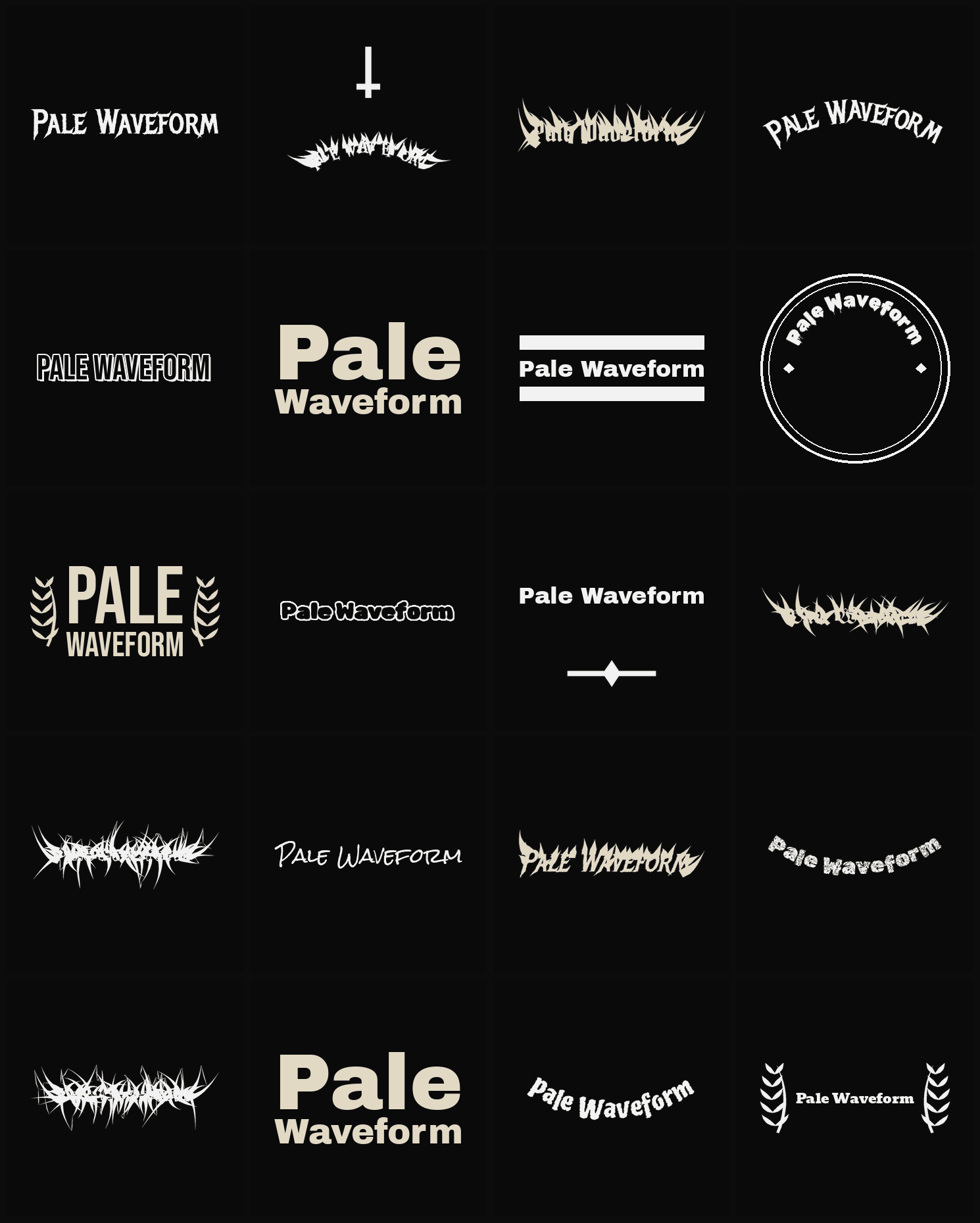 Twenty Pale Waveform band logo ideas — different faces, treatments and spike settings