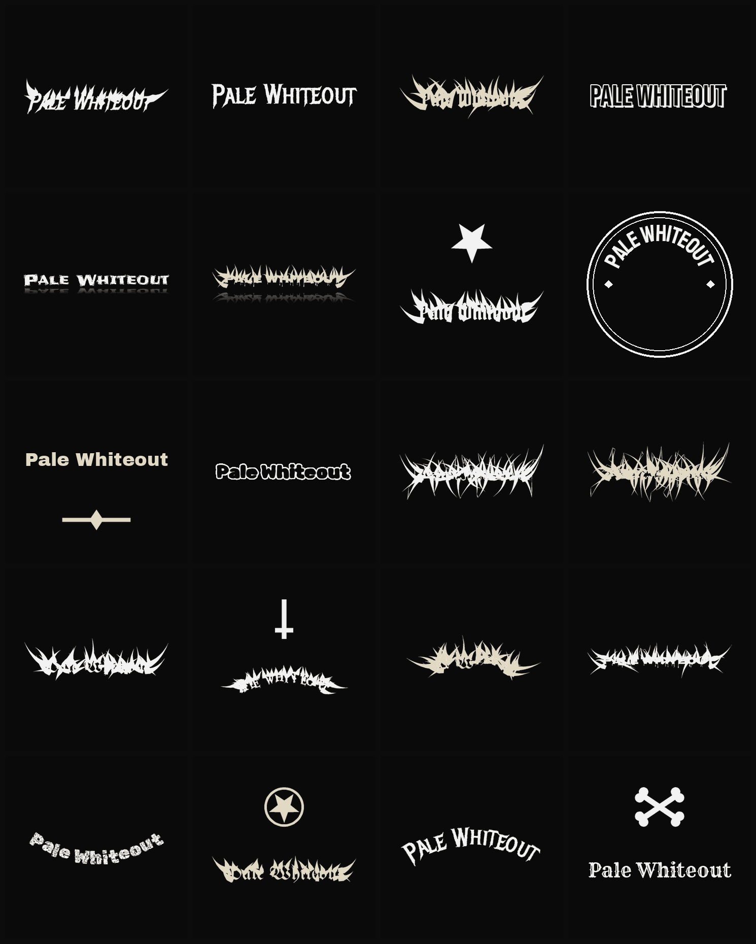 Twenty Pale Whiteout band logo ideas — different faces, treatments and spike settings