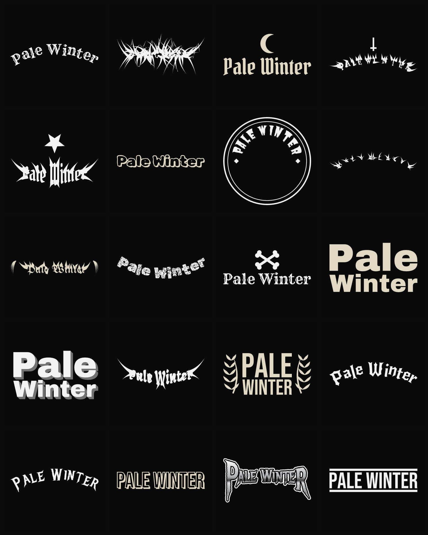 Twenty Pale Winter band logo ideas — different faces, treatments and spike settings