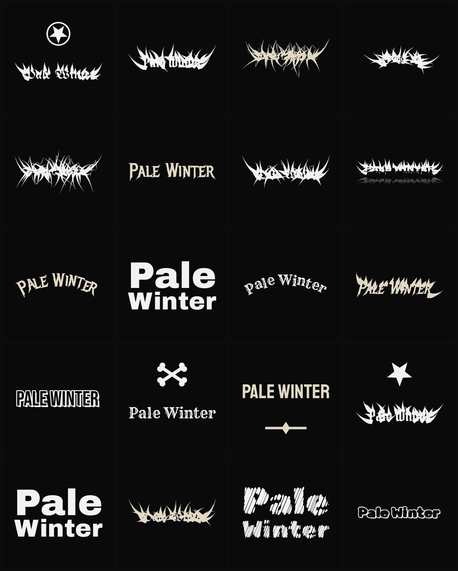 Twenty Pale Winter band logo ideas — different faces, treatments and spike settings