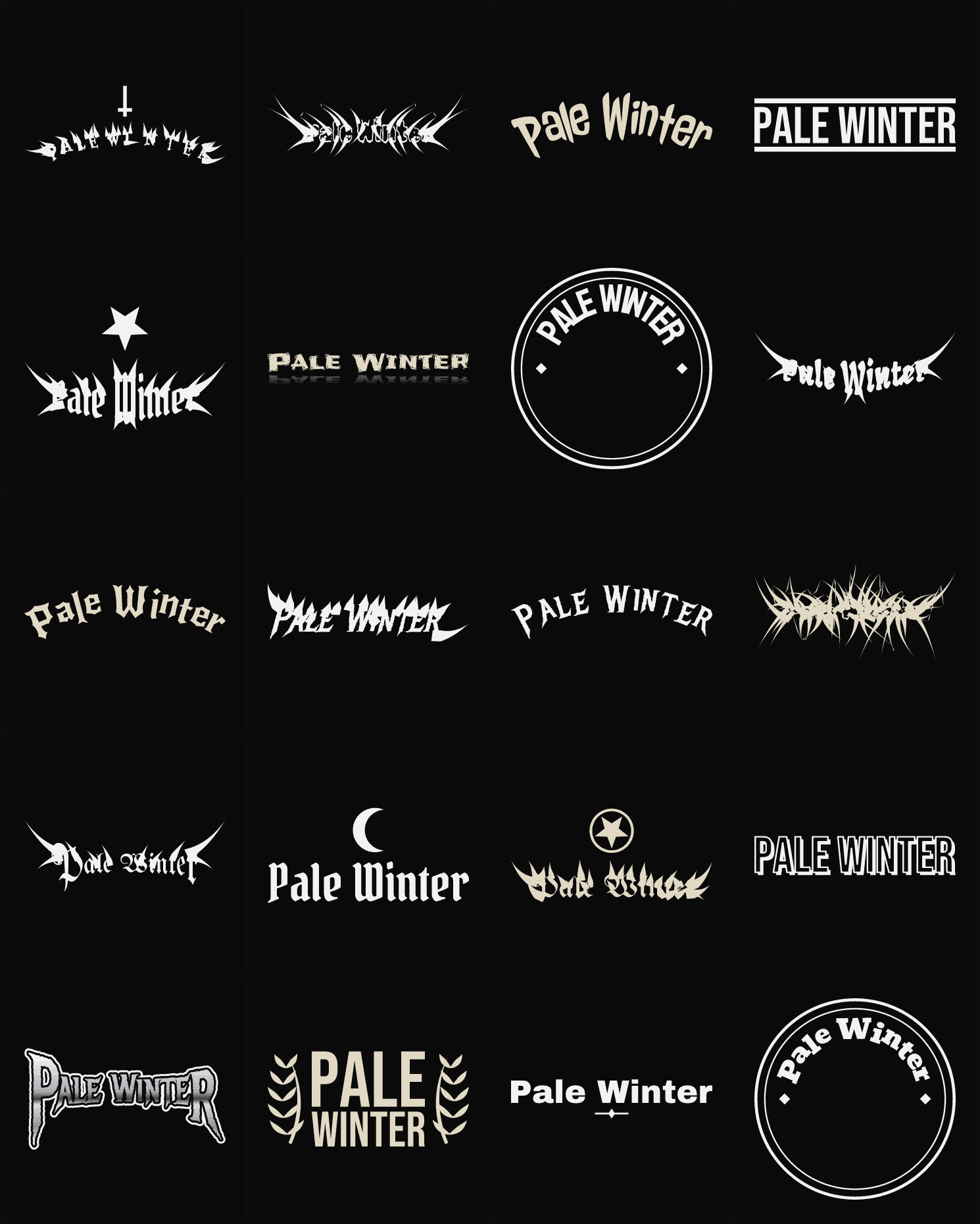 Twenty Pale Winter band logo ideas — different faces, treatments and spike settings