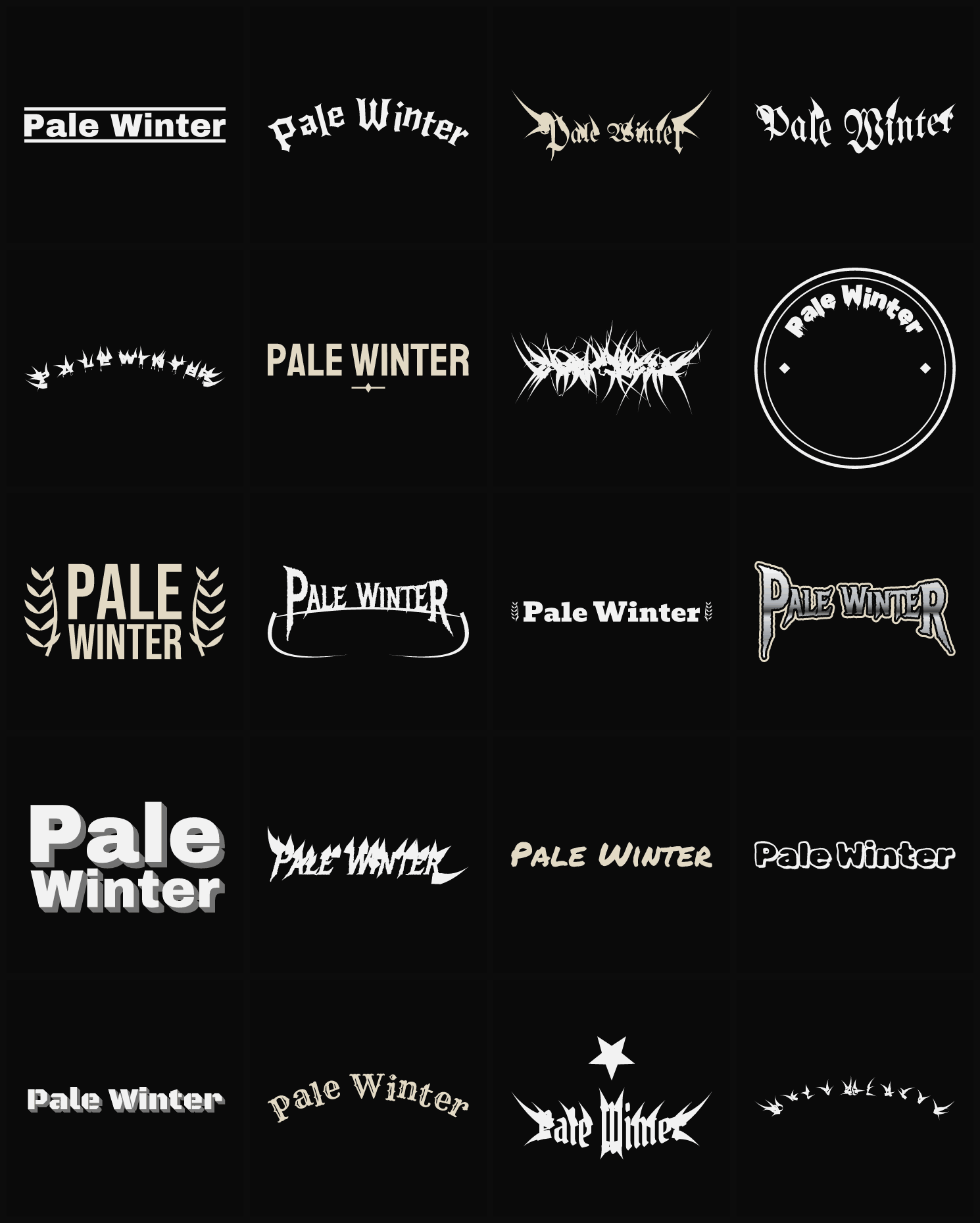 Twenty Pale Winter band logo ideas — different faces, treatments and spike settings