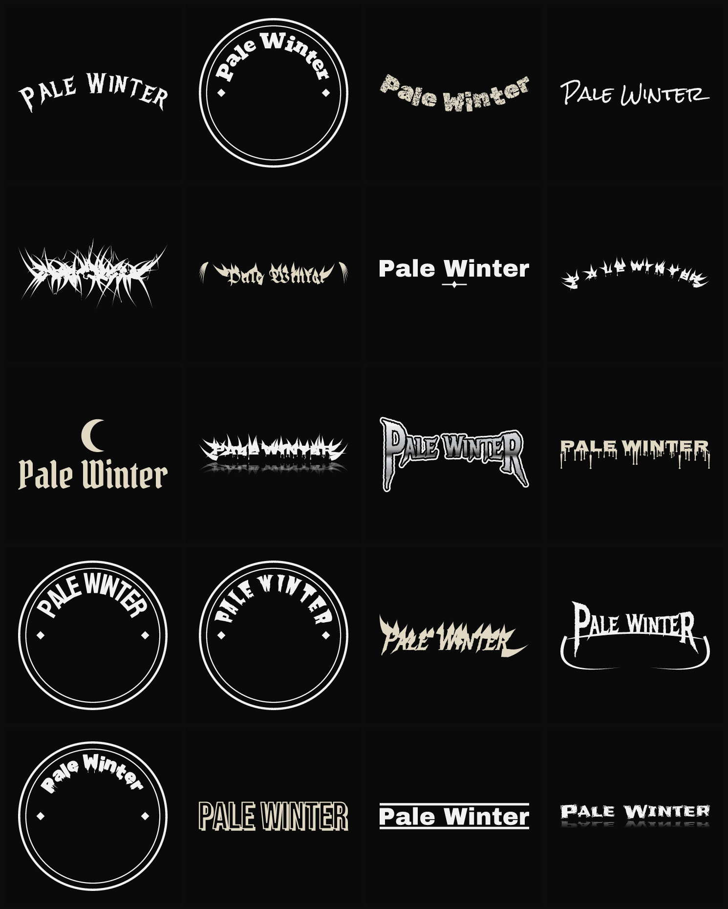 Twenty Pale Winter band logo ideas — different faces, treatments and spike settings