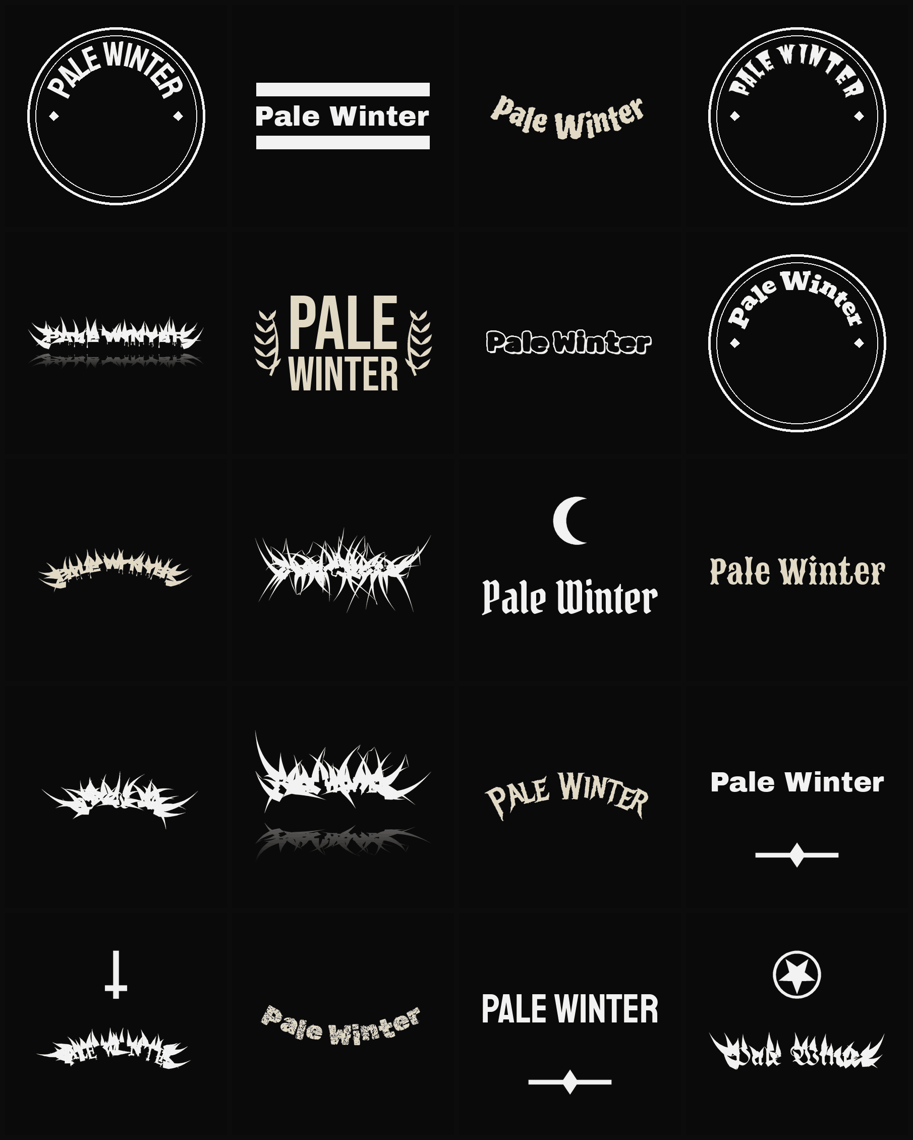 Twenty Pale Winter band logo ideas — different faces, treatments and spike settings