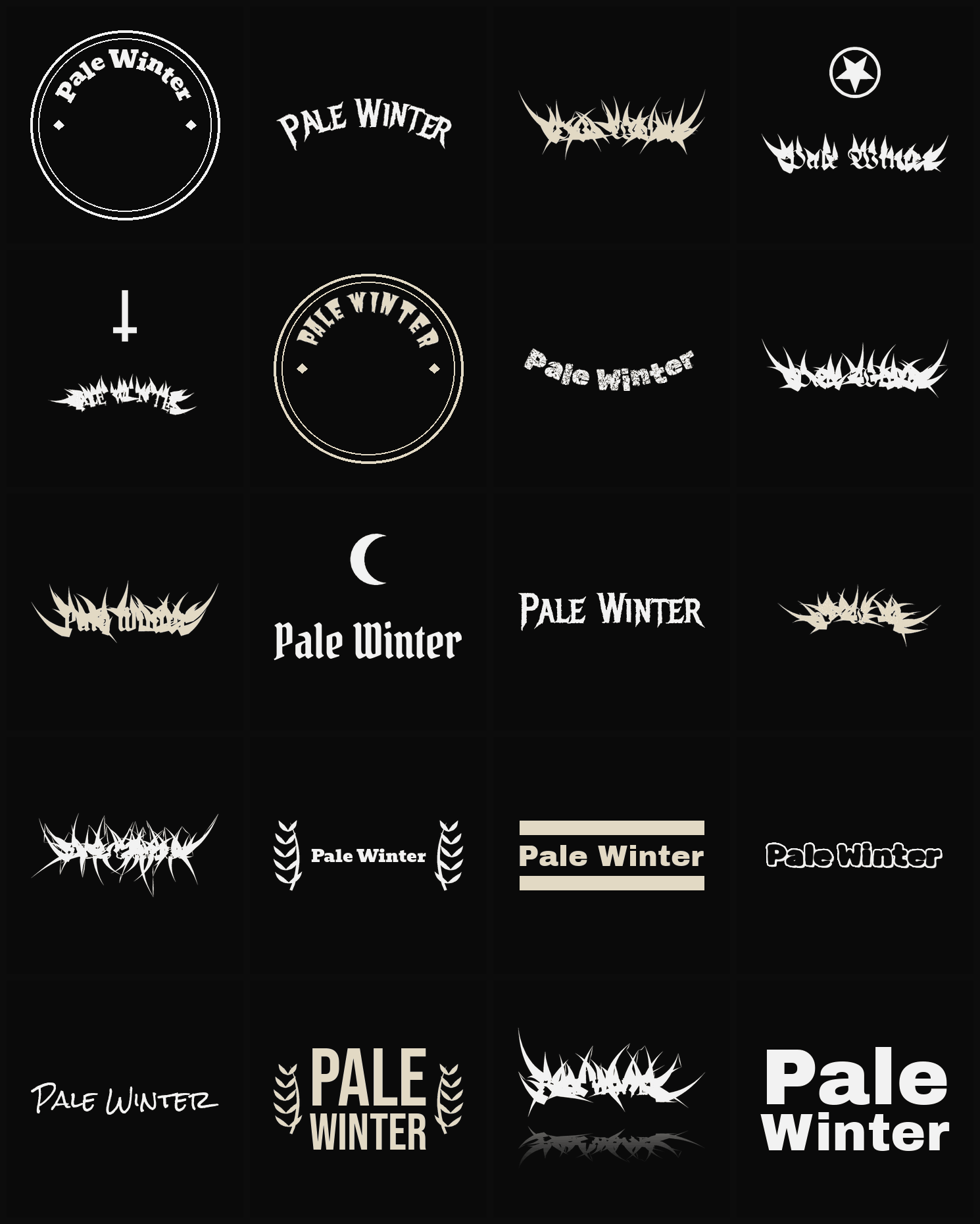 Twenty Pale Winter band logo ideas — different faces, treatments and spike settings