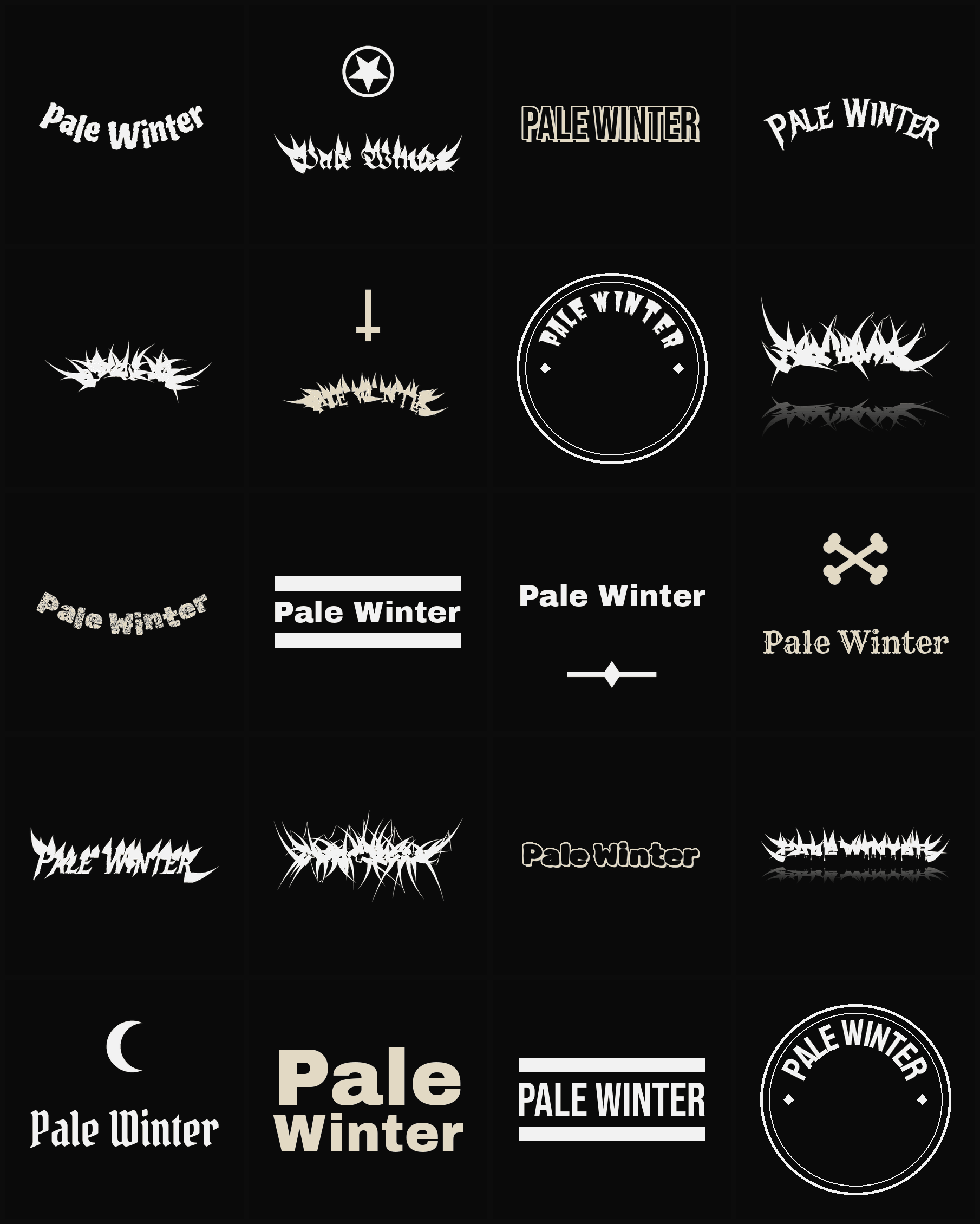 Twenty Pale Winter band logo ideas — different faces, treatments and spike settings