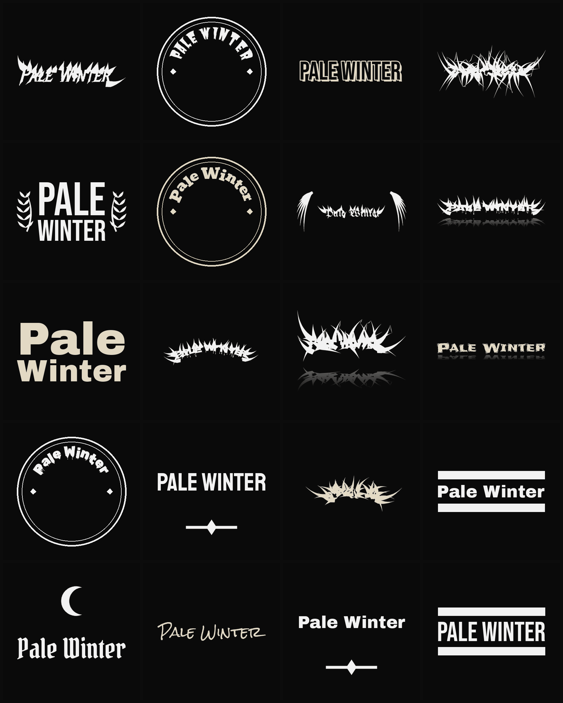 Twenty Pale Winter band logo ideas — different faces, treatments and spike settings
