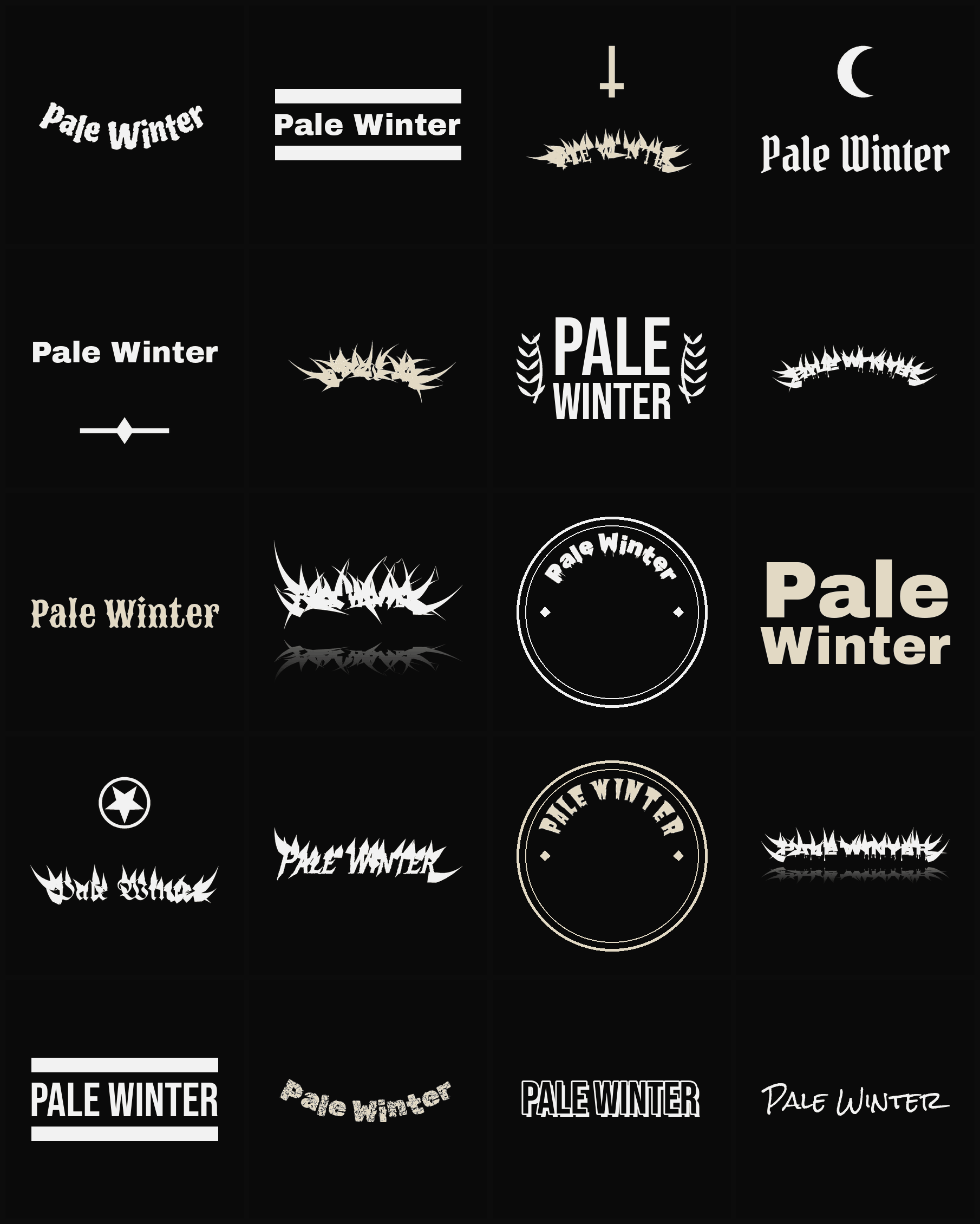Twenty Pale Winter band logo ideas — different faces, treatments and spike settings