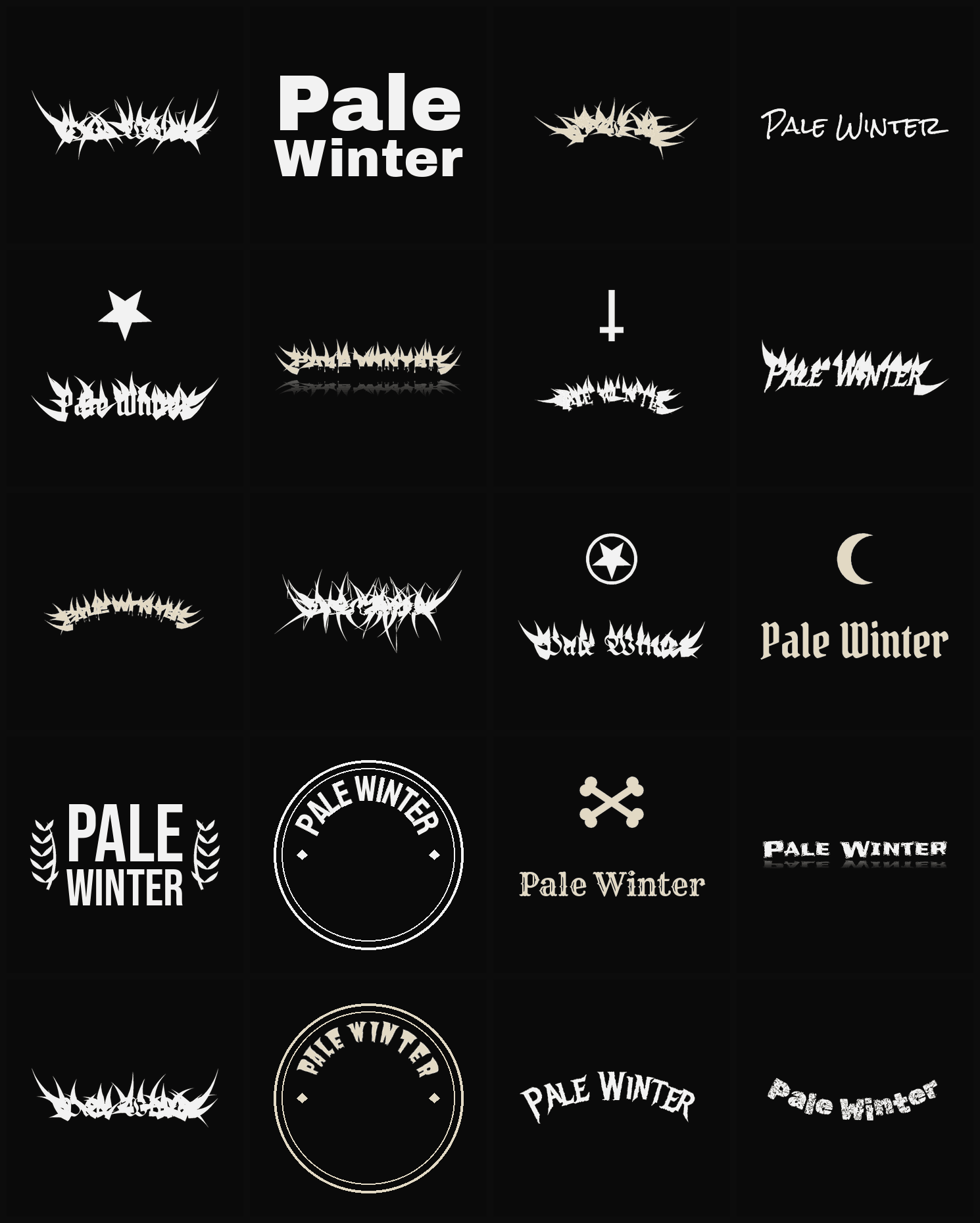 Twenty Pale Winter band logo ideas — different faces, treatments and spike settings