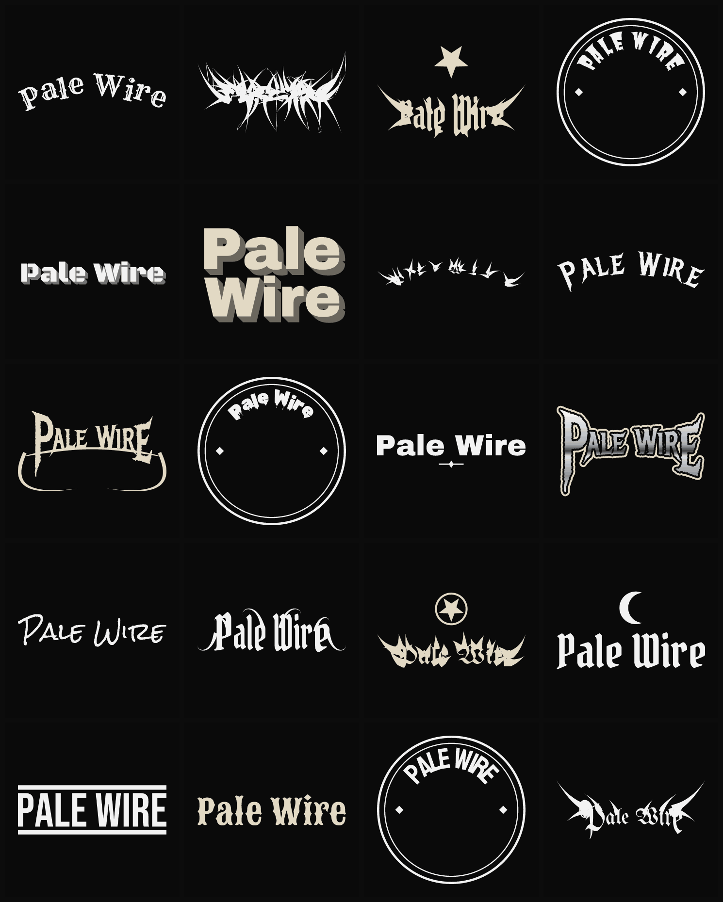 Twenty Pale Wire band logo ideas — different faces, treatments and spike settings