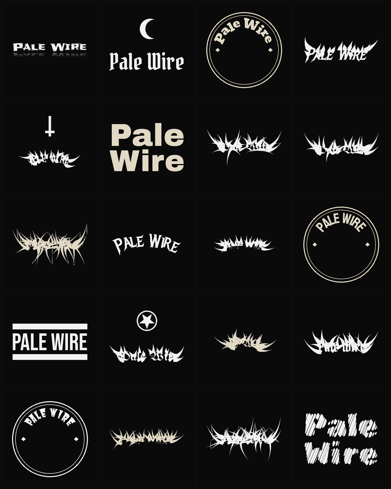 Twenty Pale Wire band logo ideas — different faces, treatments and spike settings