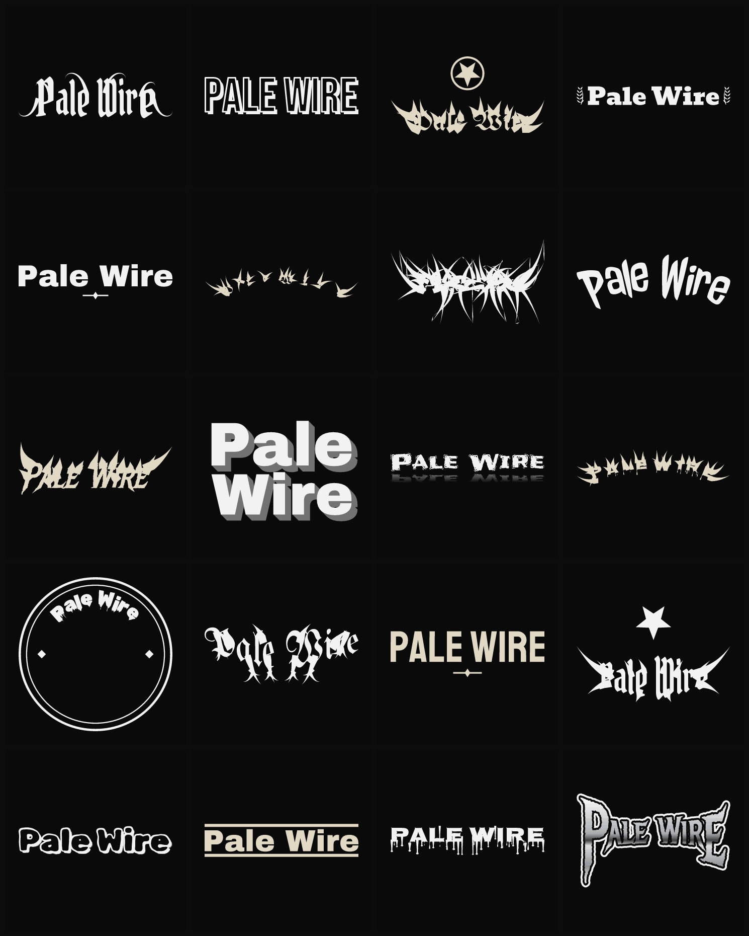 Twenty Pale Wire band logo ideas — different faces, treatments and spike settings
